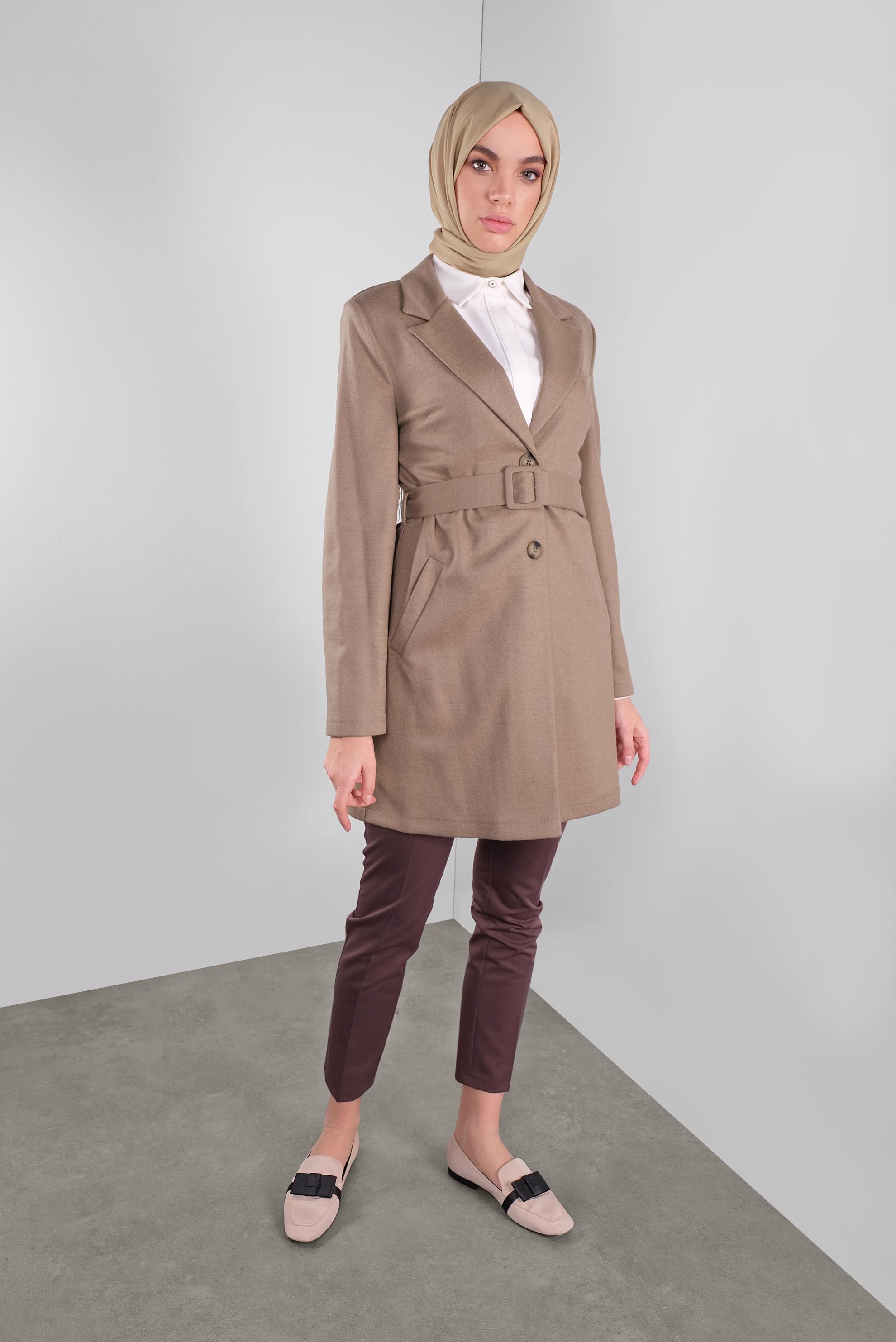 Tesettür giyim KAHVE KUŞAKLI YÜN CEKET 41249 