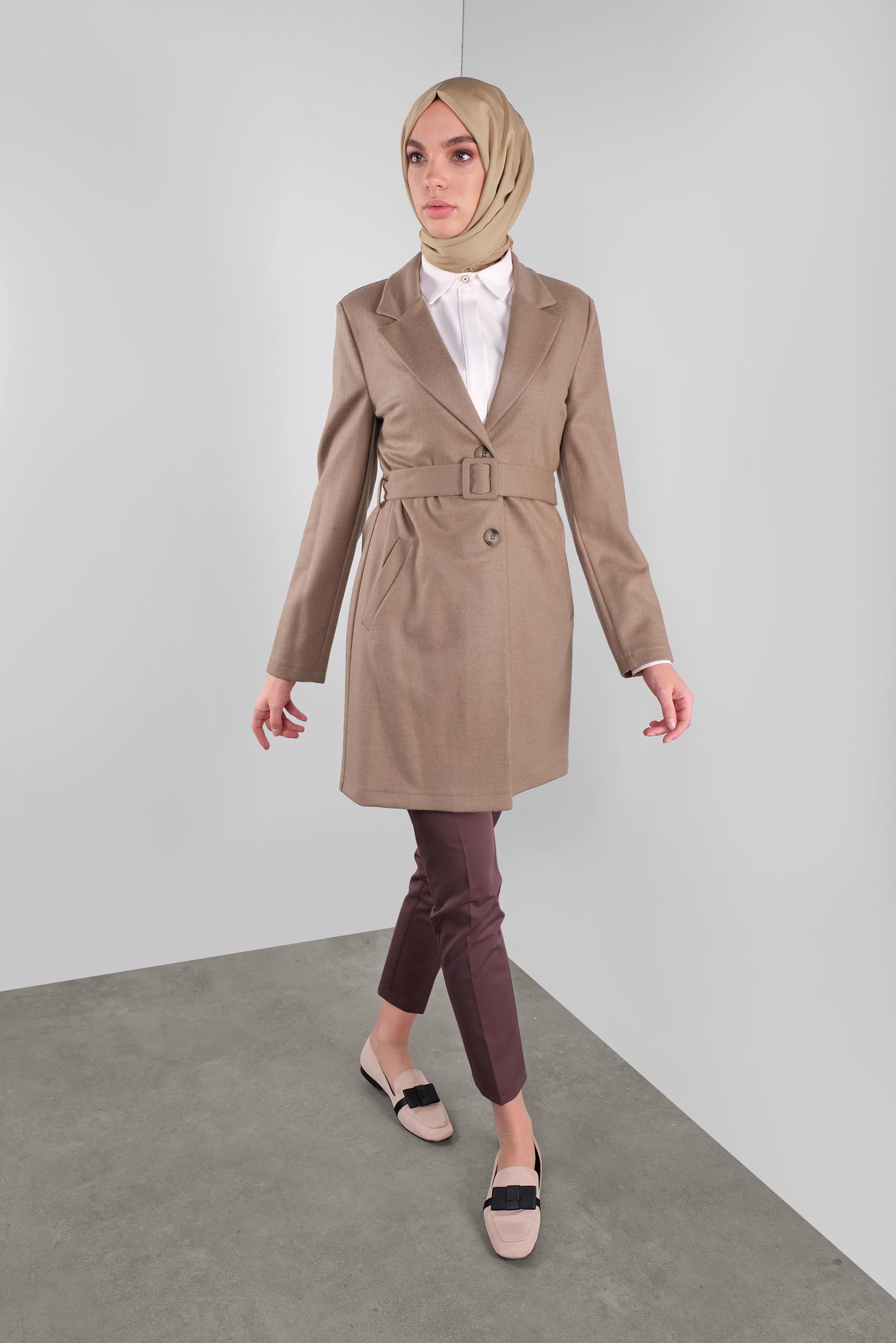 Tesettür giyim KAHVE KUŞAKLI YÜN CEKET 41249 