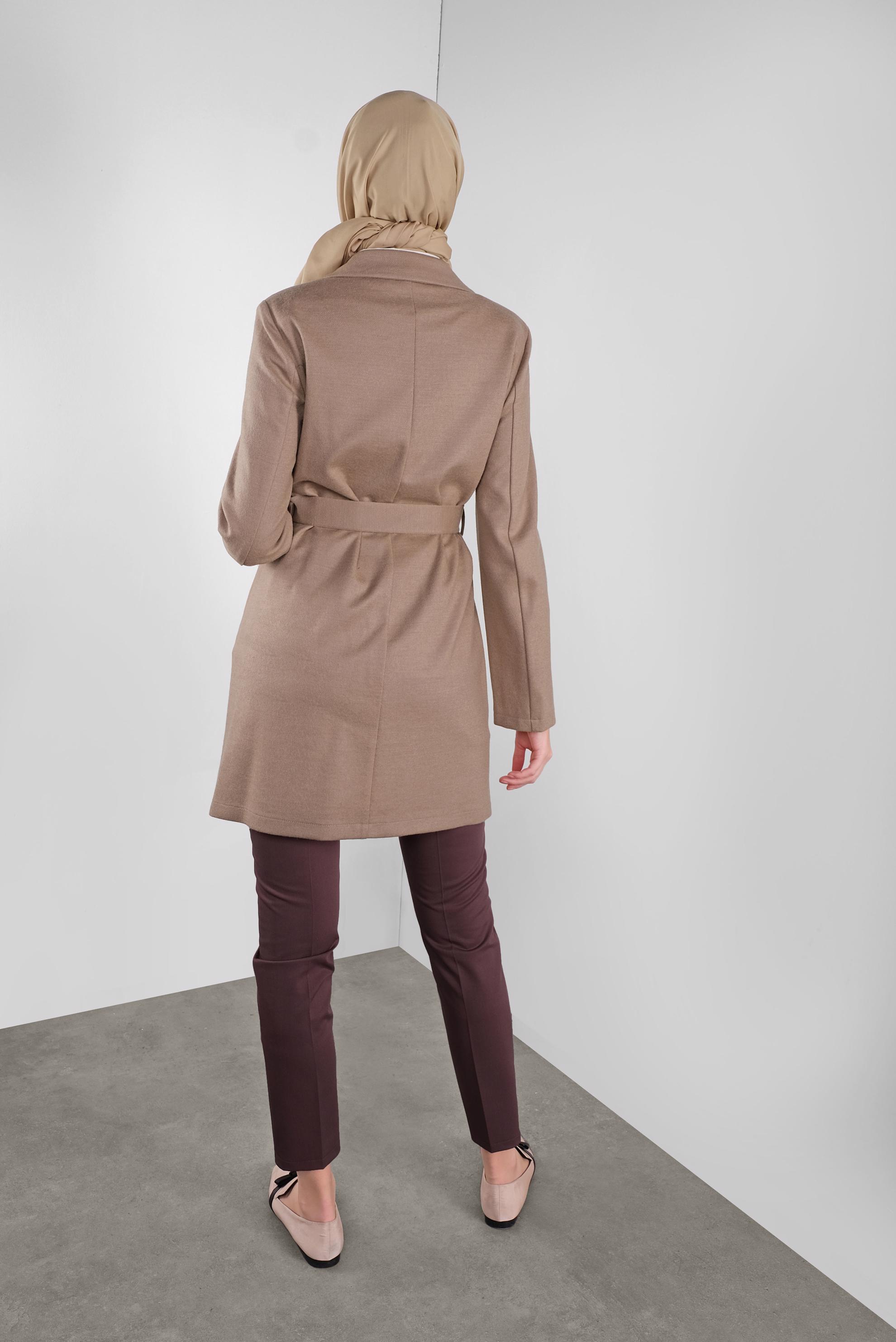 Tesettür giyim KAHVE KUŞAKLI YÜN CEKET 41249 