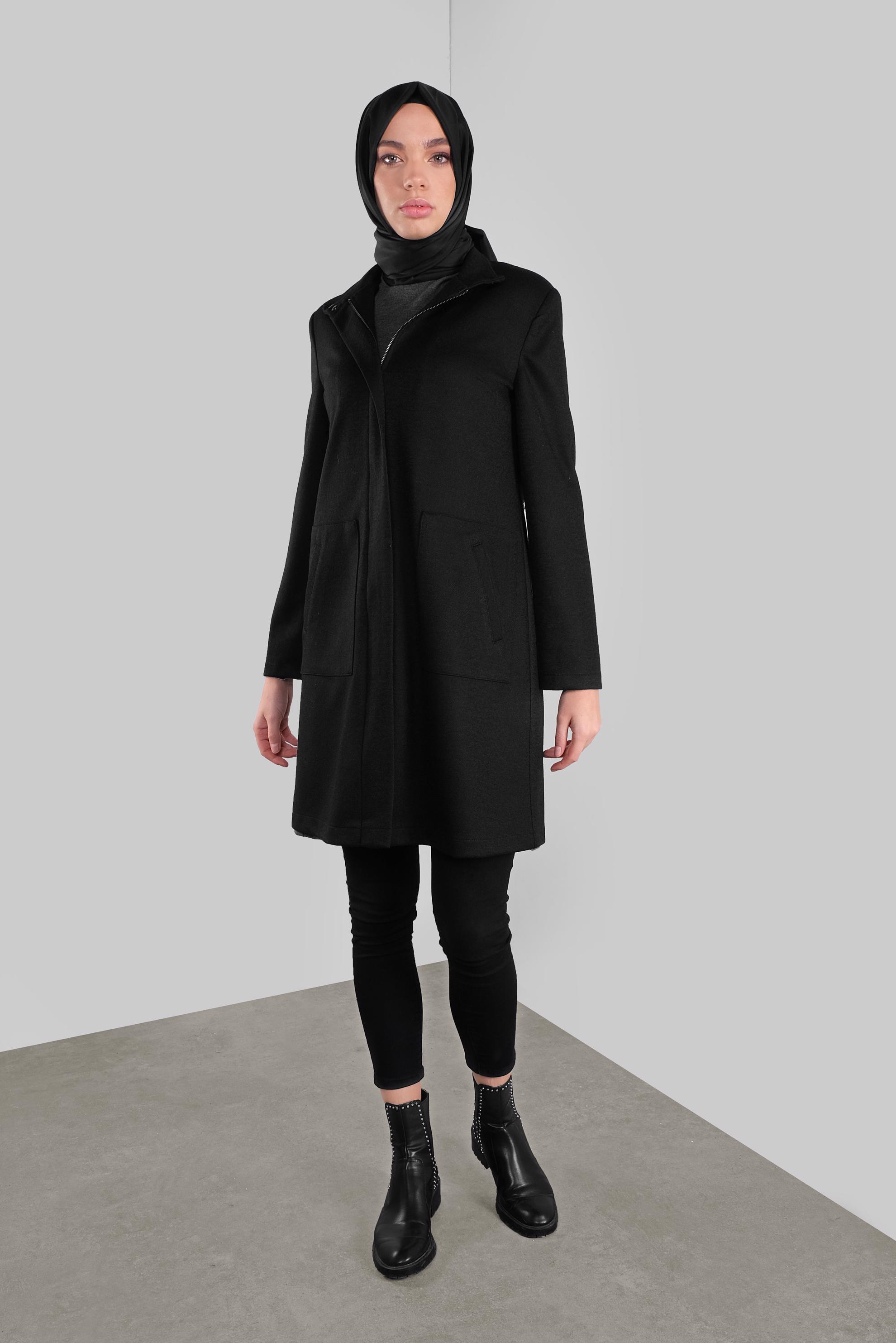 Tesettür giyim SİYAH FERMUARLI YÜN CEKET 41259