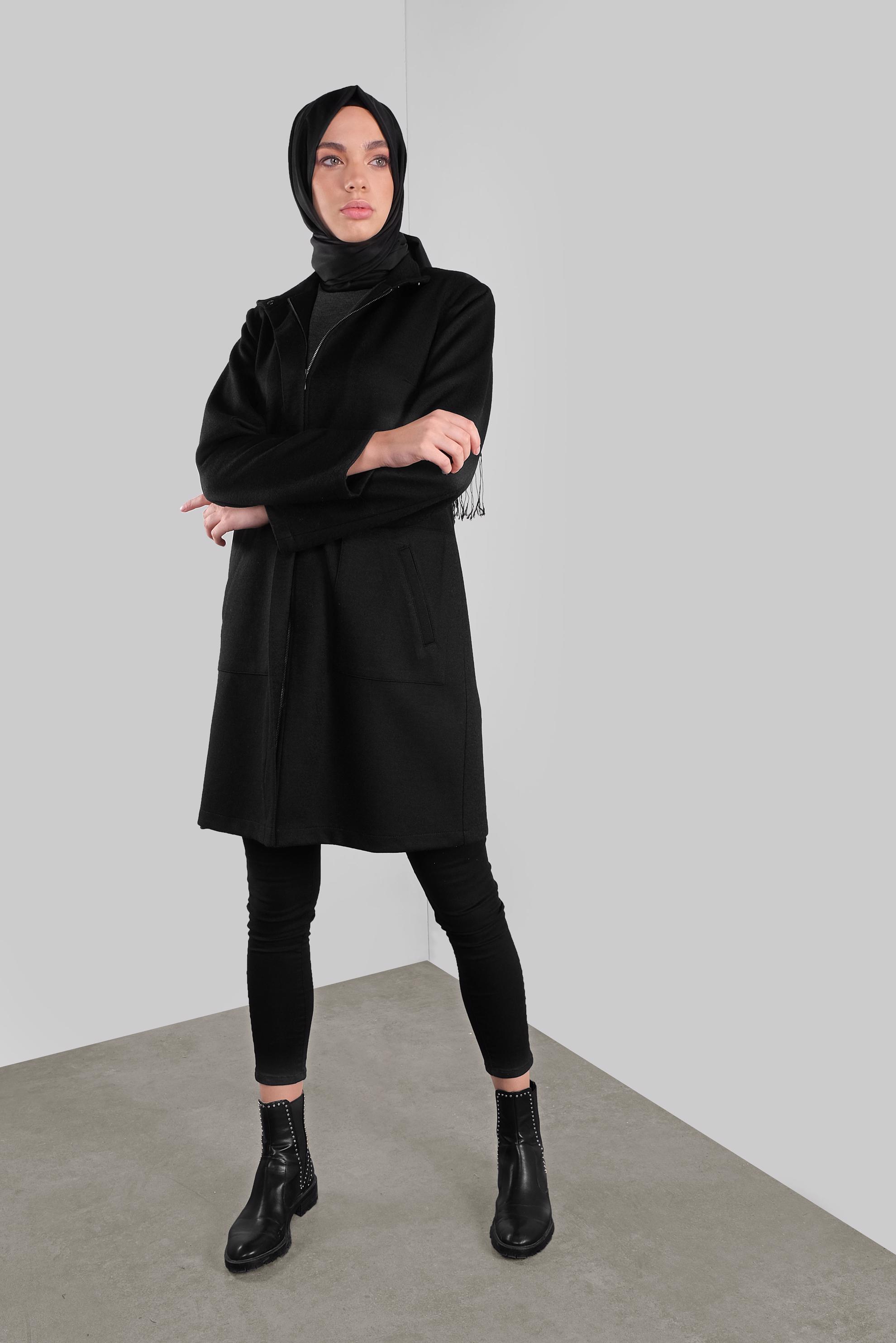 Tesettür giyim SİYAH FERMUARLI YÜN CEKET 41259