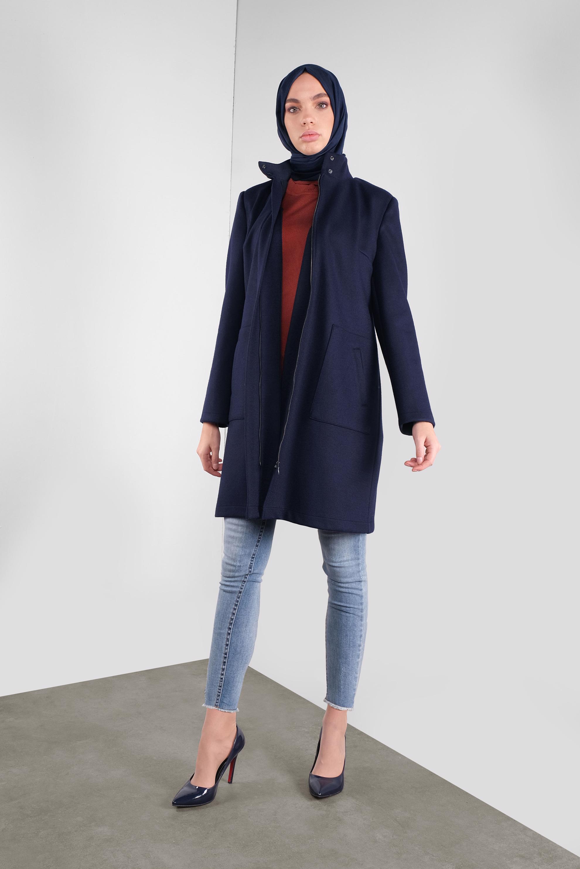 Tesettür giyim LACİVERT FERMUARLI YÜN CEKET 41259