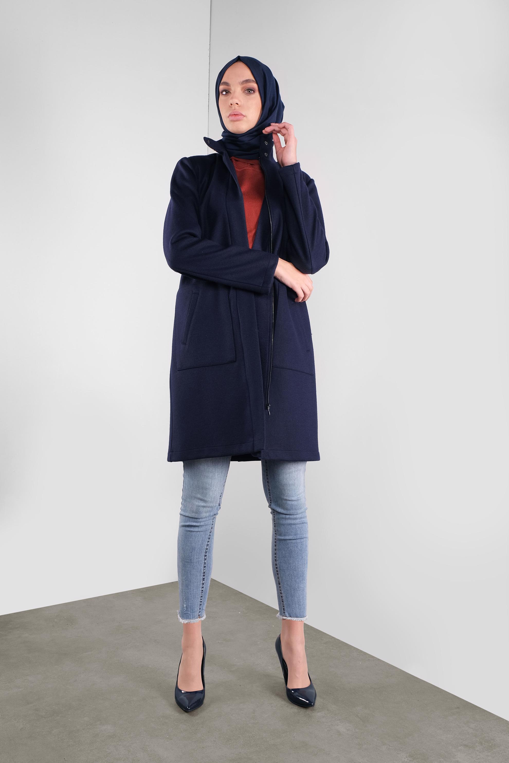 Tesettür giyim LACİVERT FERMUARLI YÜN CEKET 41259