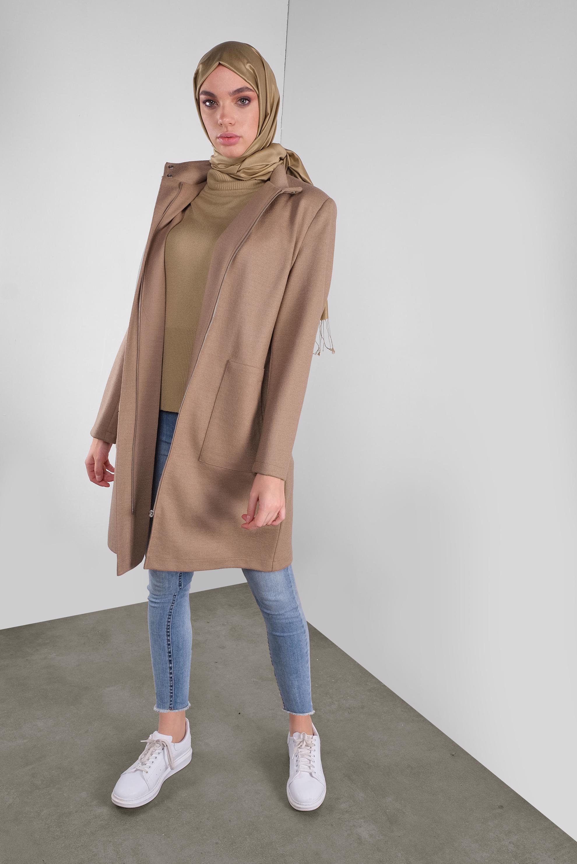 Tesettür giyim KAHVE FERMUARLI YÜN CEKET 41259