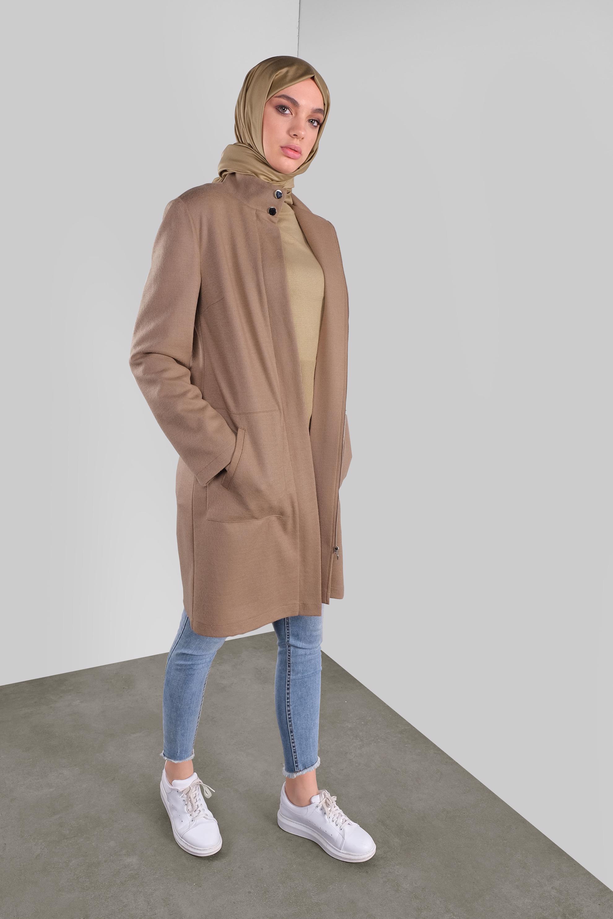 Tesettür giyim KAHVE FERMUARLI YÜN CEKET 41259