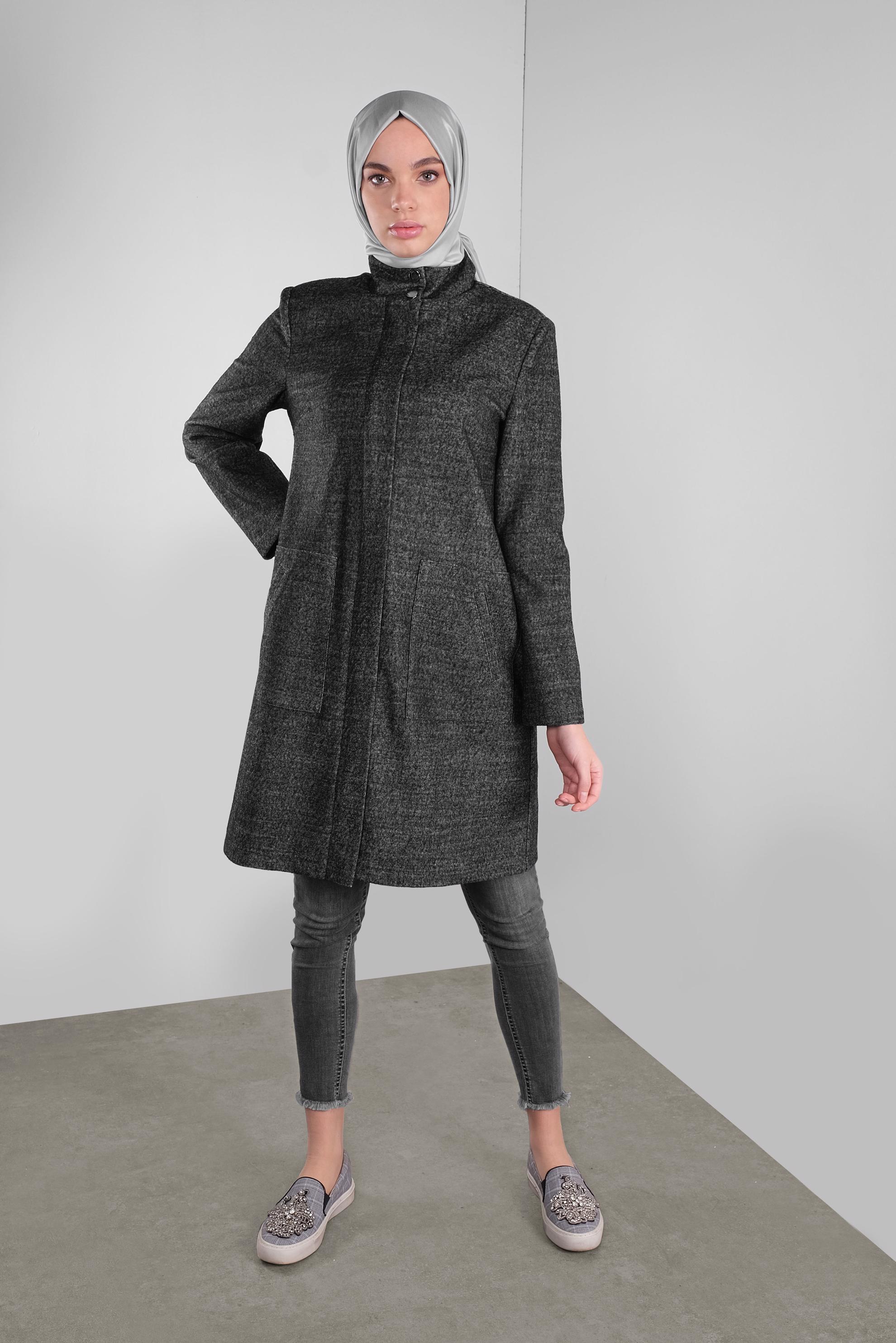 Tesettür giyim GRİ FERMUARLI YÜN CEKET 41259