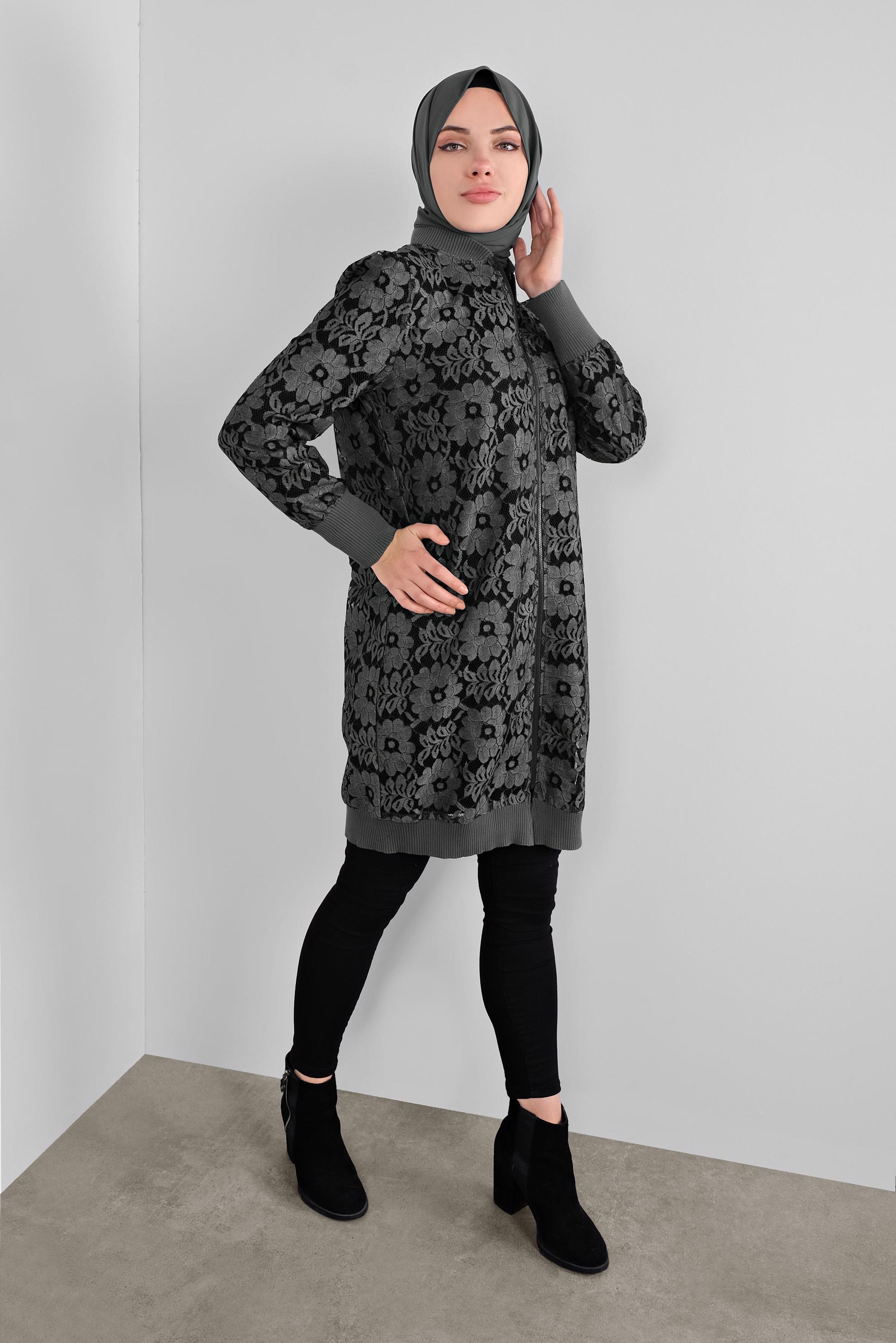 Tesettür giyim GRİ ÇİÇEK DESENLİ DANTEL CEKET 41281 