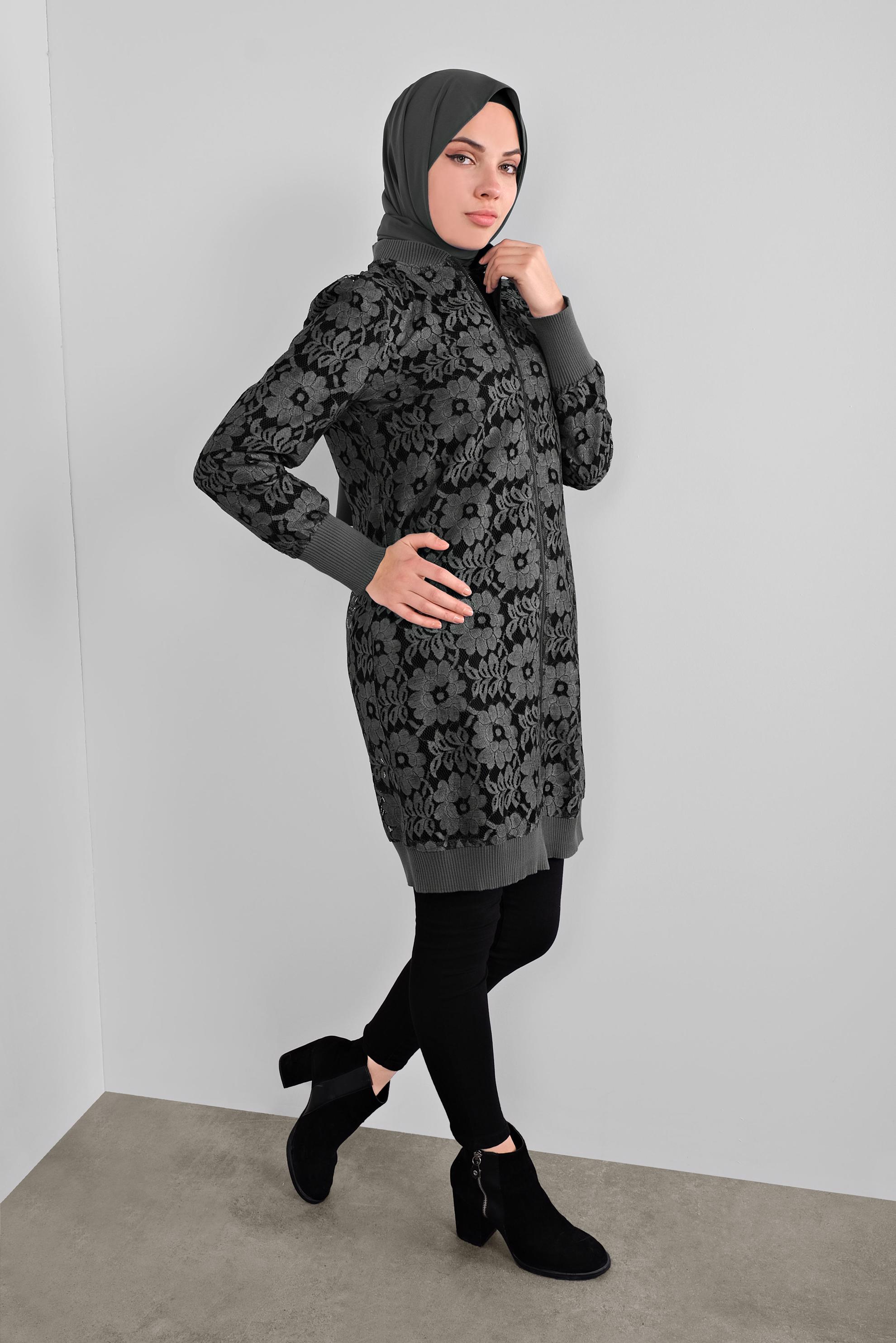 Tesettür giyim GRİ ÇİÇEK DESENLİ DANTEL CEKET 41281 