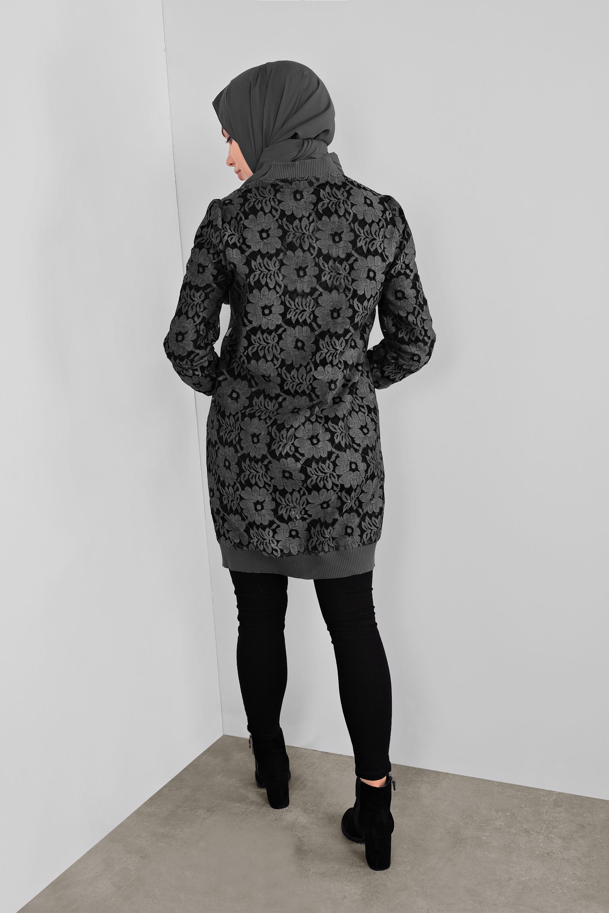 Tesettür giyim GRİ ÇİÇEK DESENLİ DANTEL CEKET 41281 