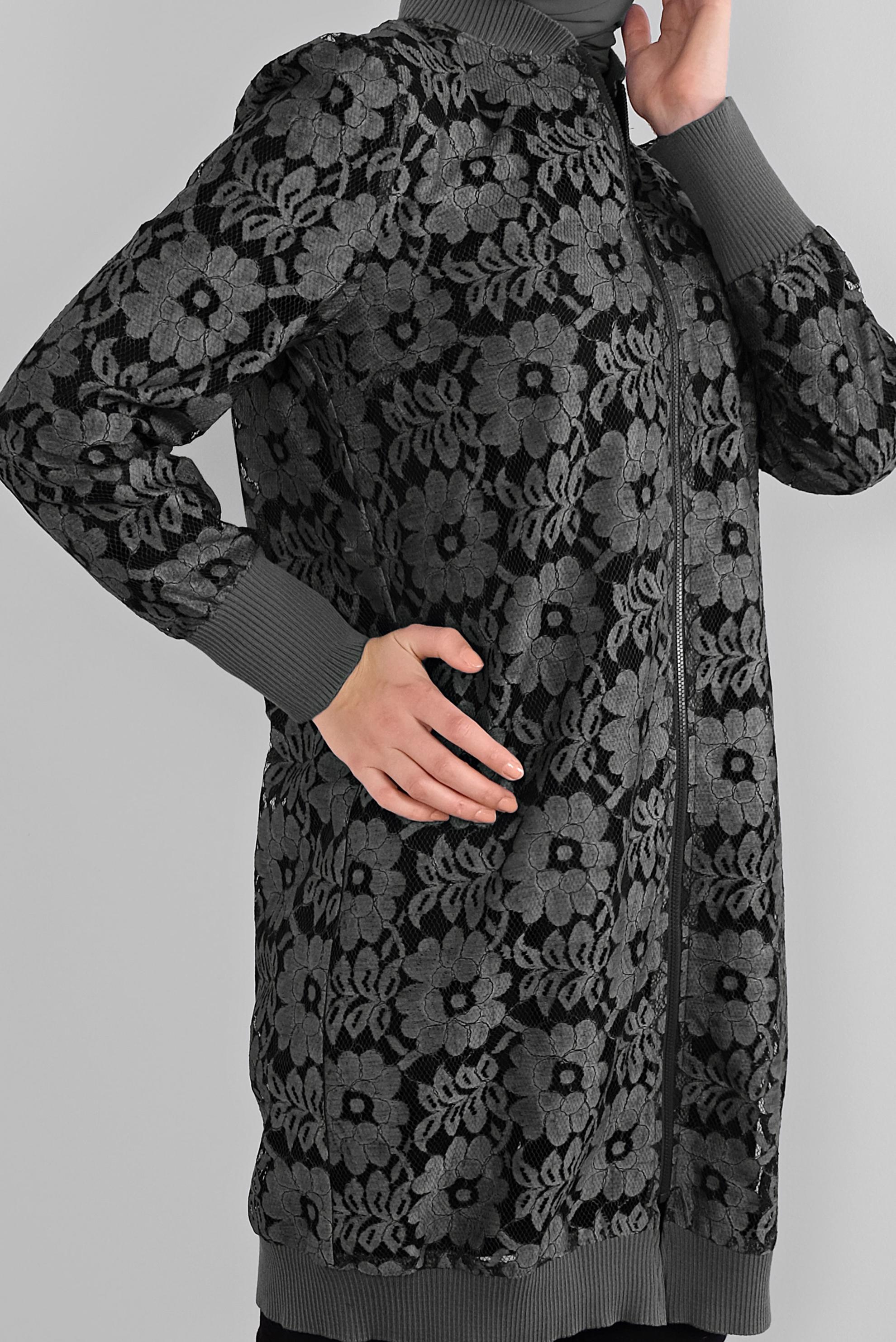 Tesettür giyim GRİ ÇİÇEK DESENLİ DANTEL CEKET 41281 