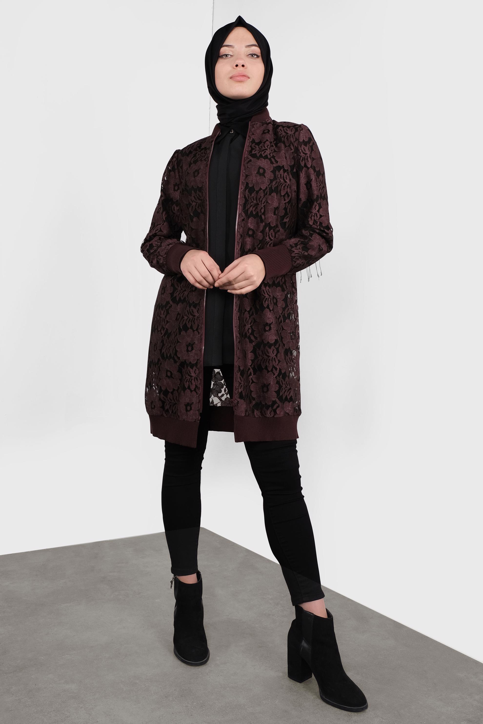 Tesettür giyim BORDO ÇİÇEK DESENLİ DANTEL CEKET 41281 