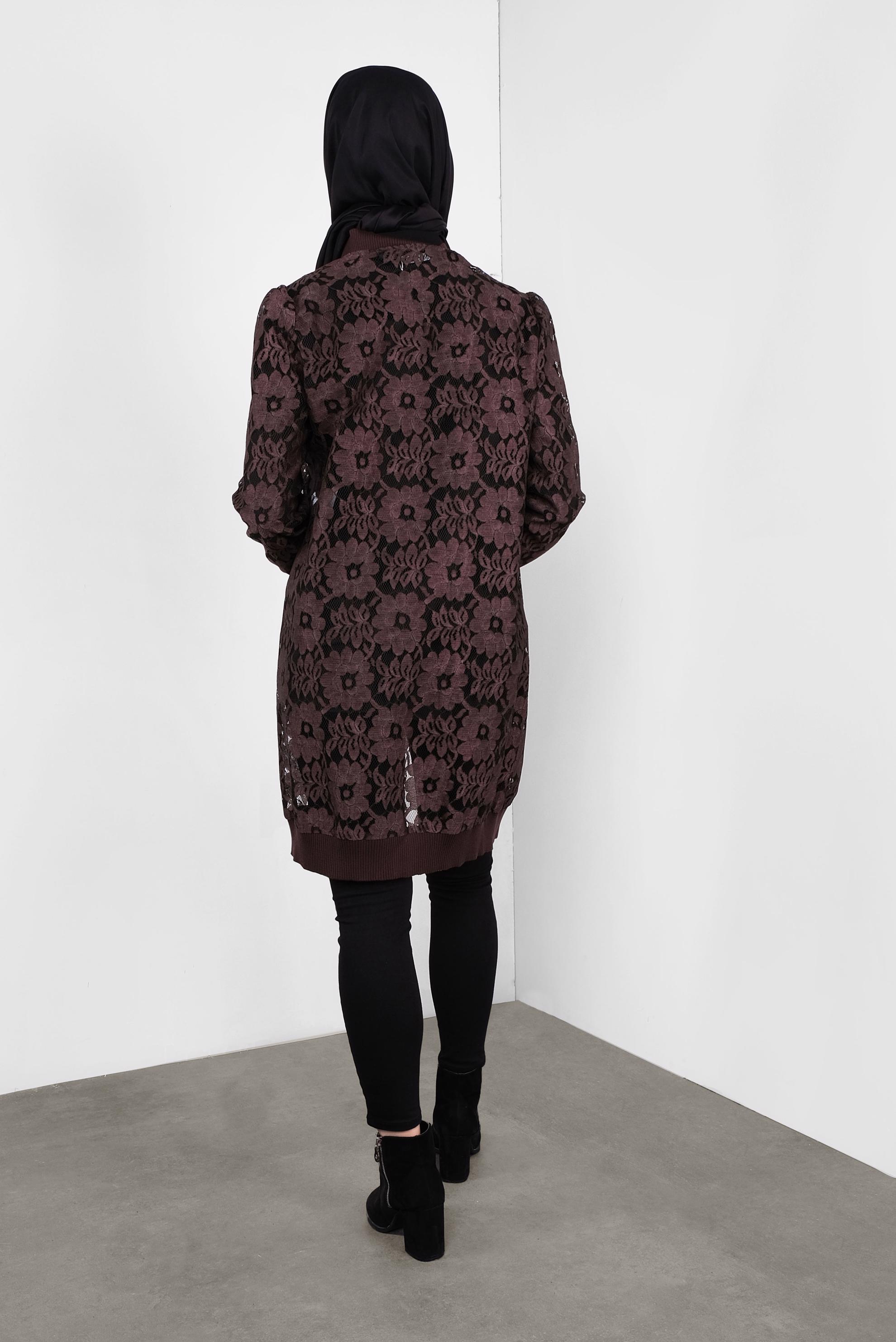 Tesettür giyim BORDO ÇİÇEK DESENLİ DANTEL CEKET 41281 