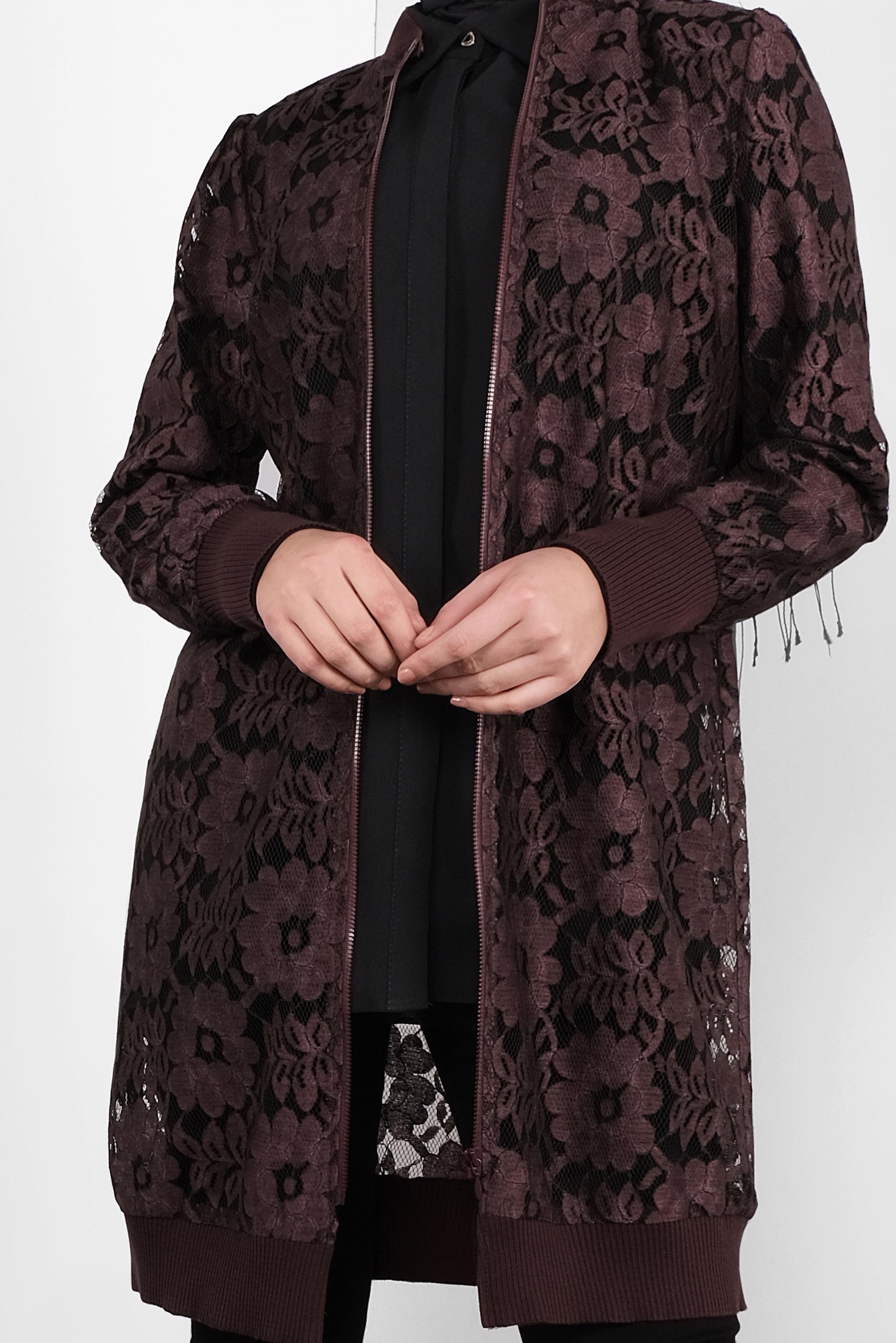 Tesettür giyim BORDO ÇİÇEK DESENLİ DANTEL CEKET 41281 