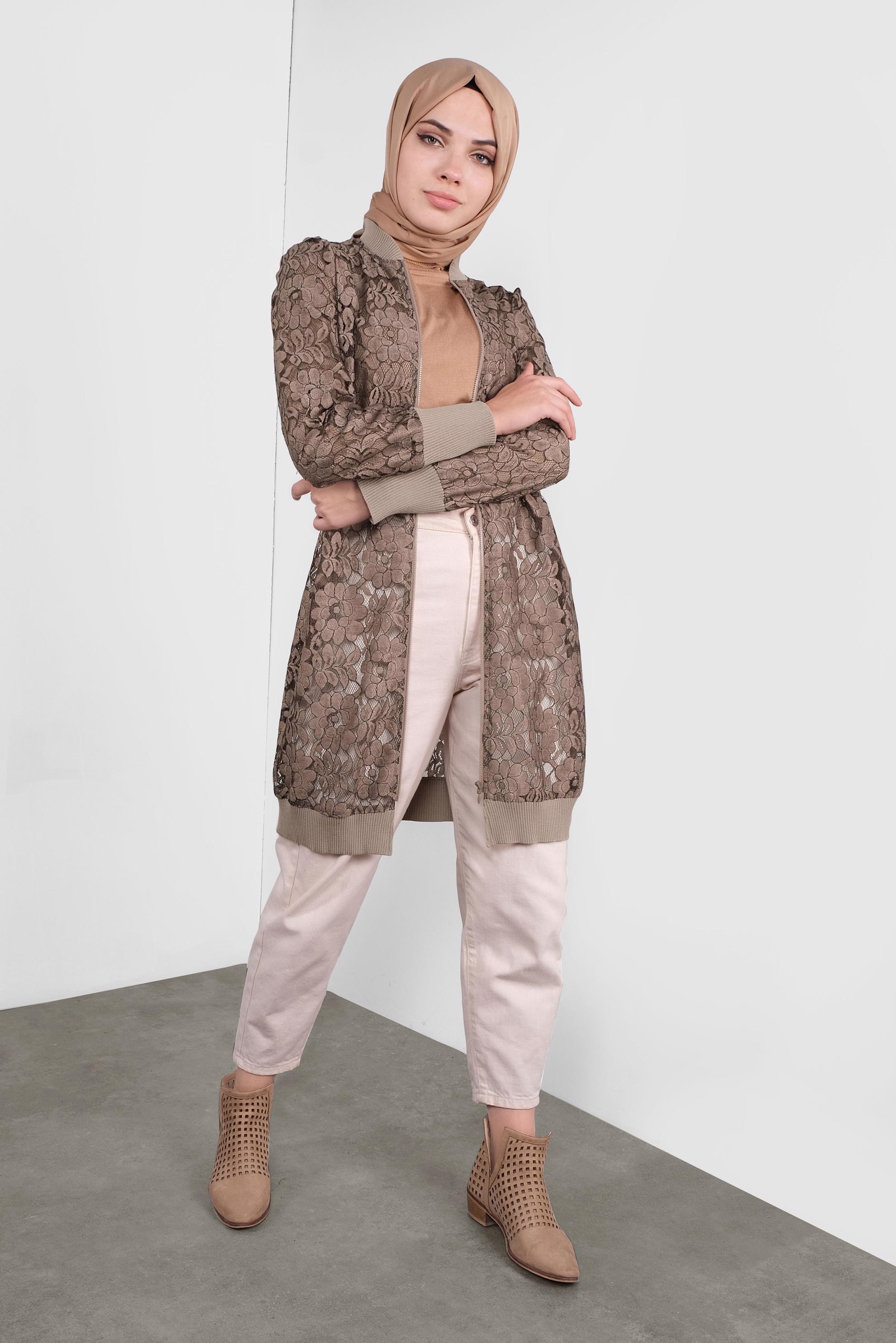 Tesettür giyim KAHVE ÇİÇEK DESENLİ DANTEL CEKET 41281 