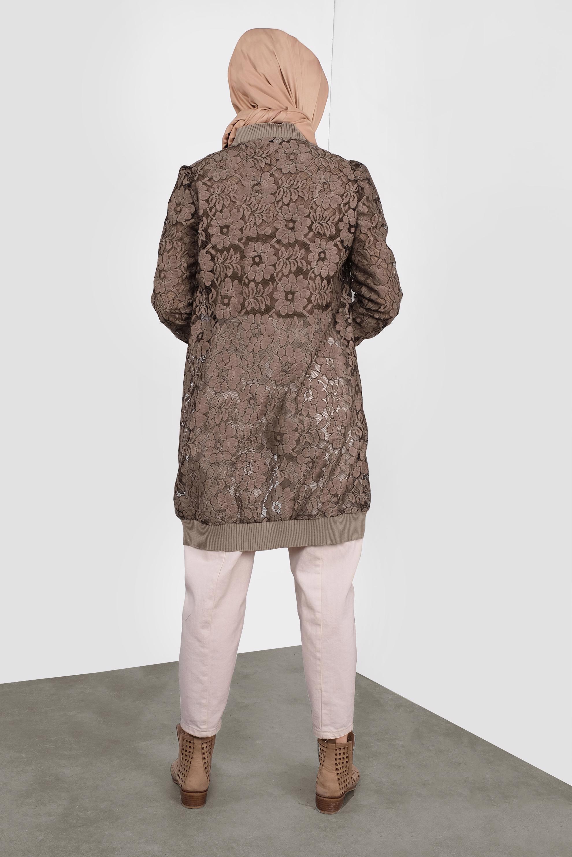 Tesettür giyim KAHVE ÇİÇEK DESENLİ DANTEL CEKET 41281 