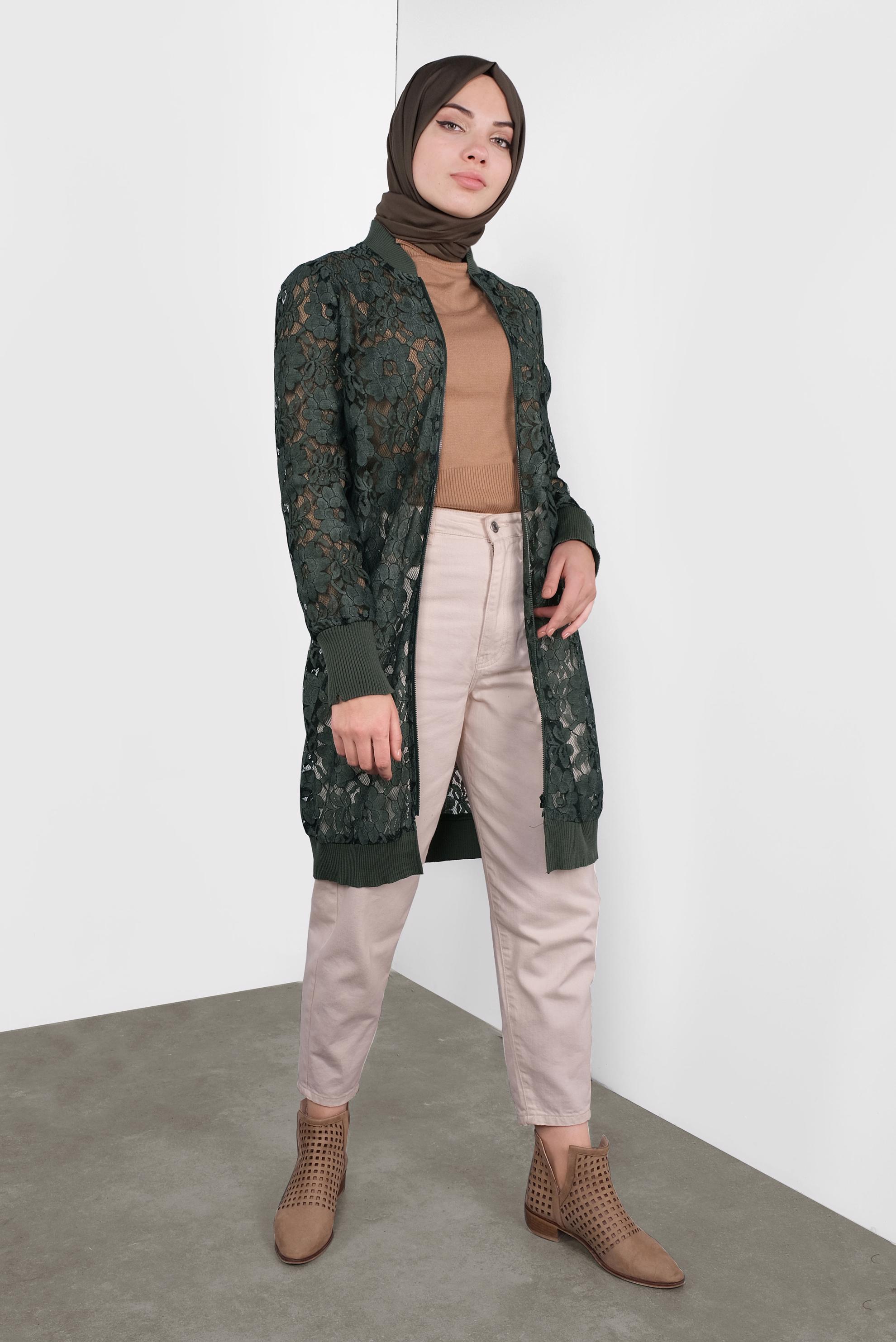 Tesettür giyim HAKİ ÇİÇEK DESENLİ DANTEL CEKET 41281 