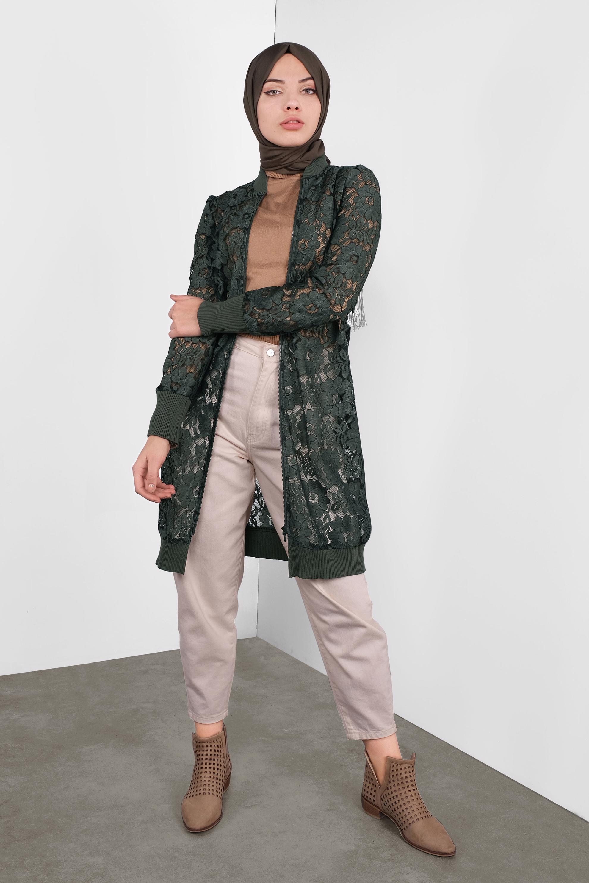 Tesettür giyim HAKİ ÇİÇEK DESENLİ DANTEL CEKET 41281 