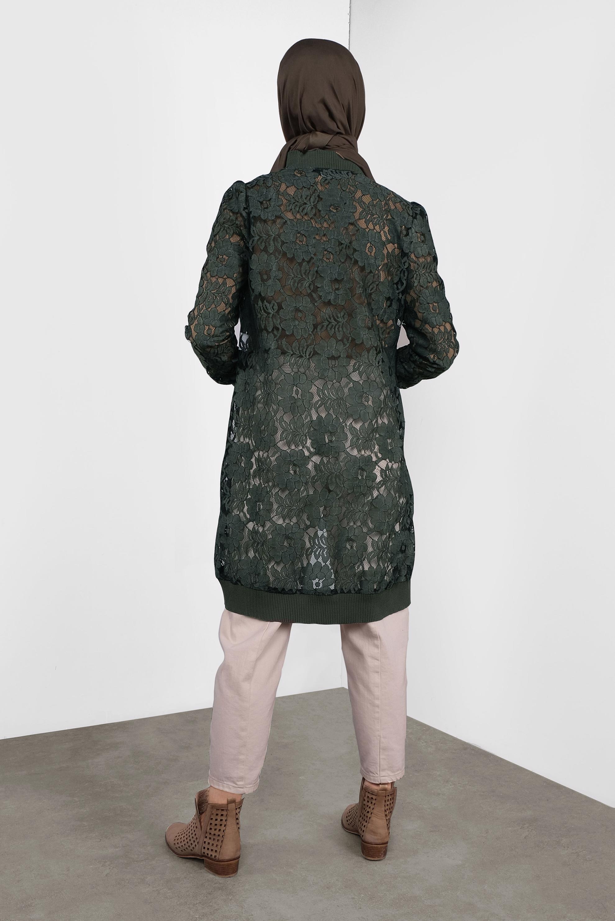 Tesettür giyim HAKİ ÇİÇEK DESENLİ DANTEL CEKET 41281 