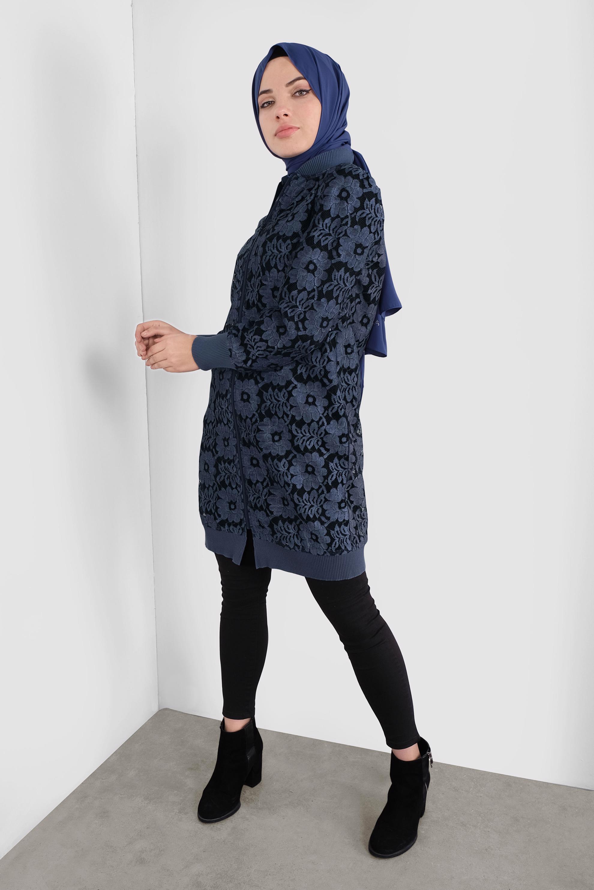 Tesettür giyim LACİVERT ÇİÇEK DESENLİ DANTEL CEKET 41281 