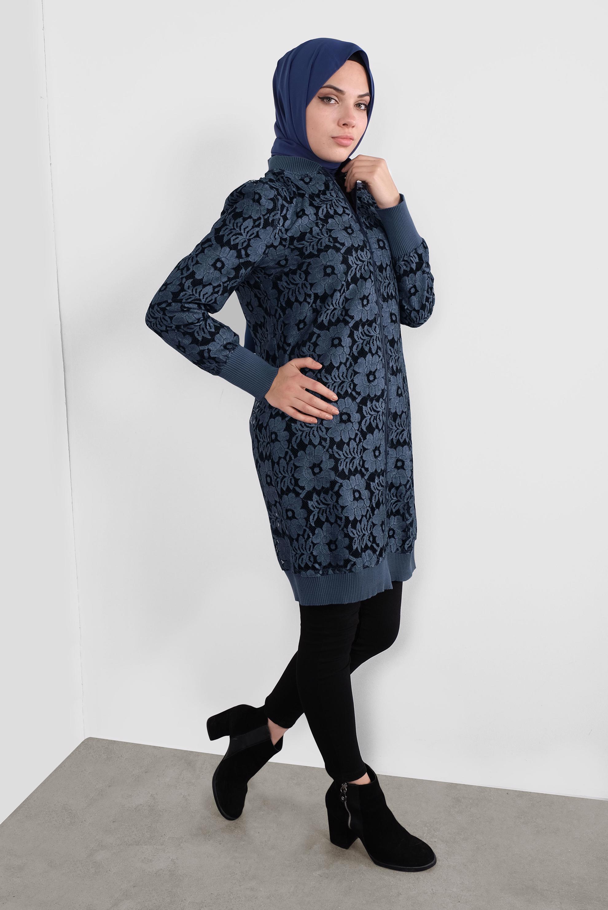 Tesettür giyim LACİVERT ÇİÇEK DESENLİ DANTEL CEKET 41281 