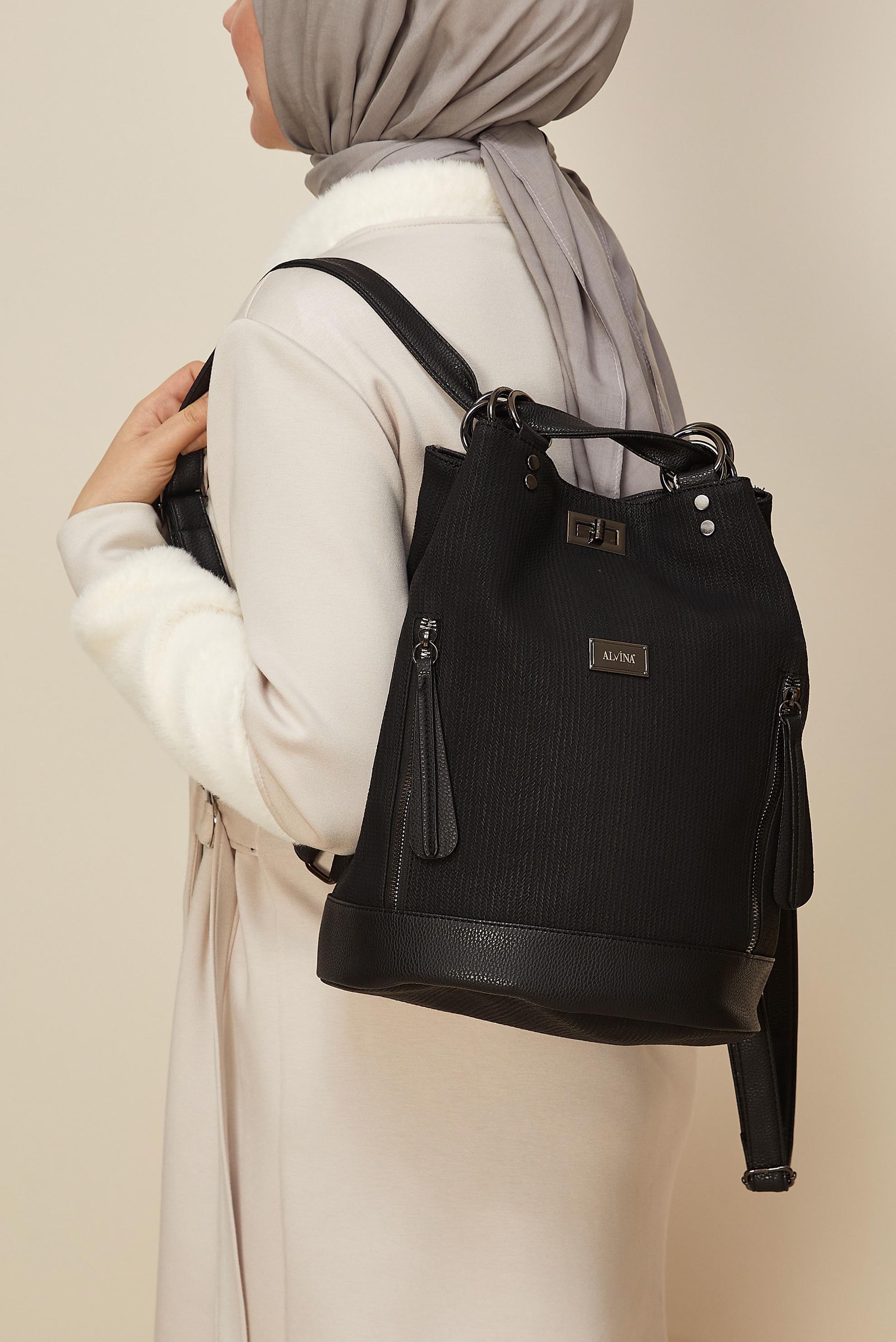 Hijab clothing BLACK ALVINA FAUX-LEATHER BACKPACK 9012