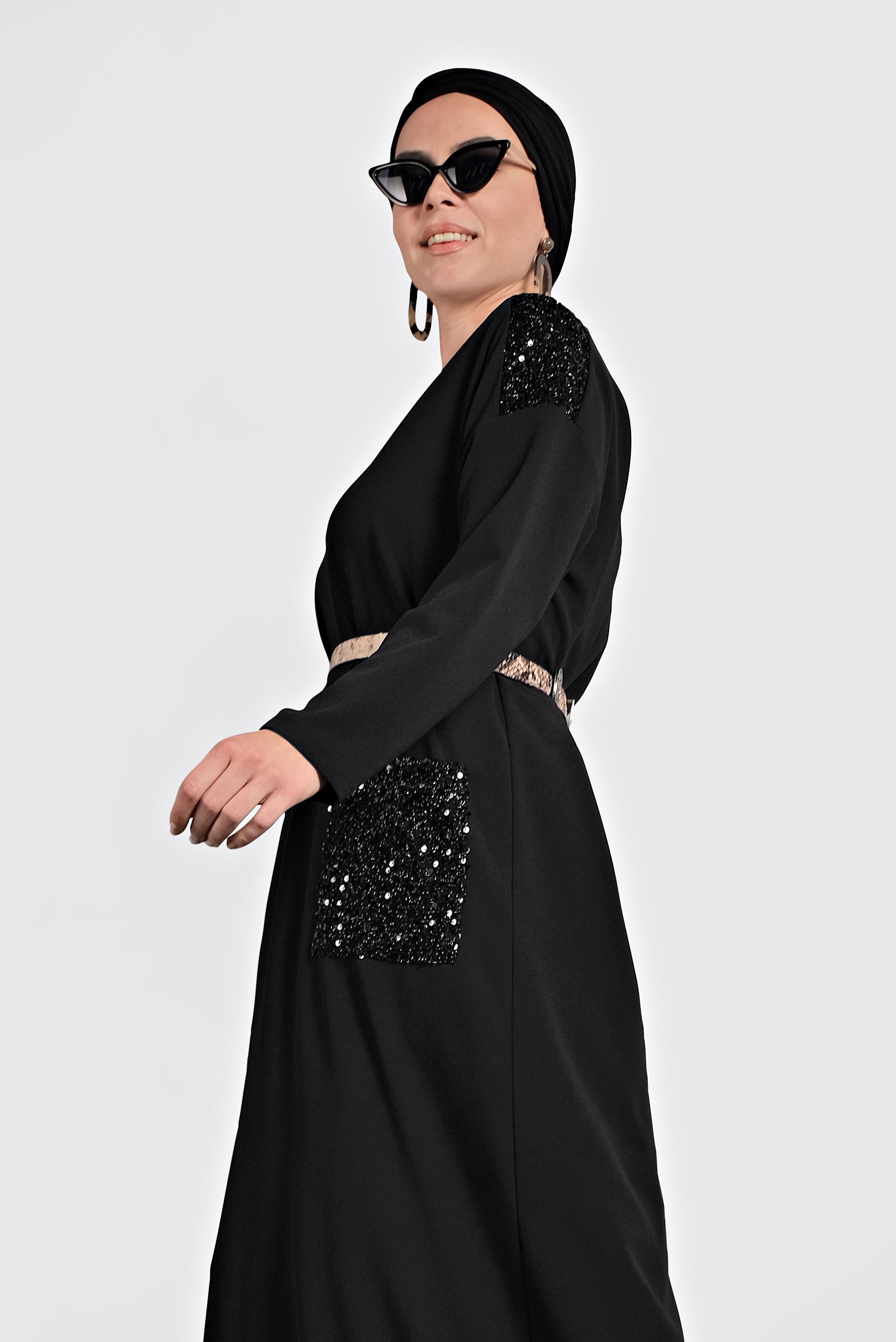 Tesettür giyim SİYAH PULLU GENİŞ KESİM ELBİSE 20018 