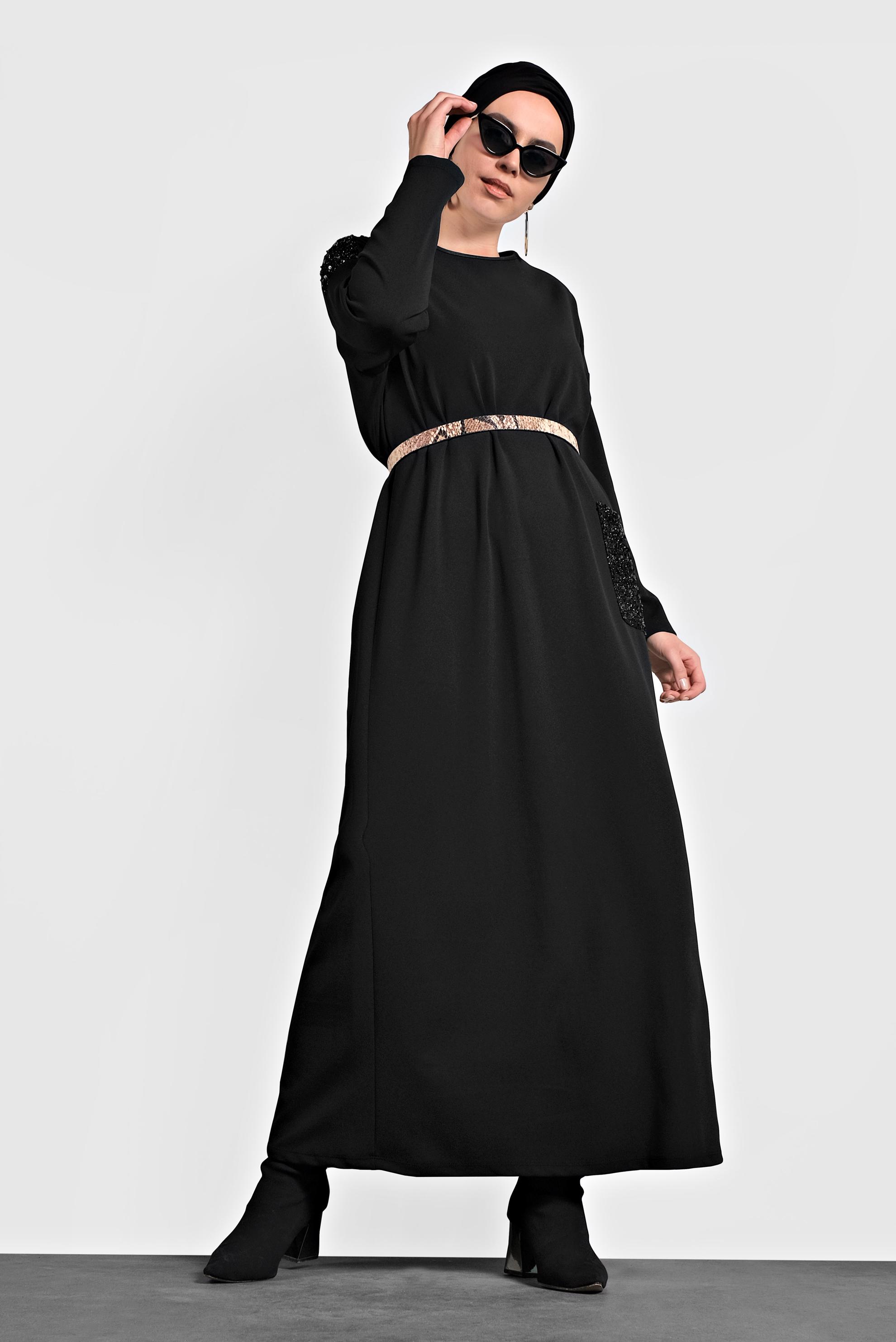 Tesettür giyim SİYAH PULLU GENİŞ KESİM ELBİSE 20018 