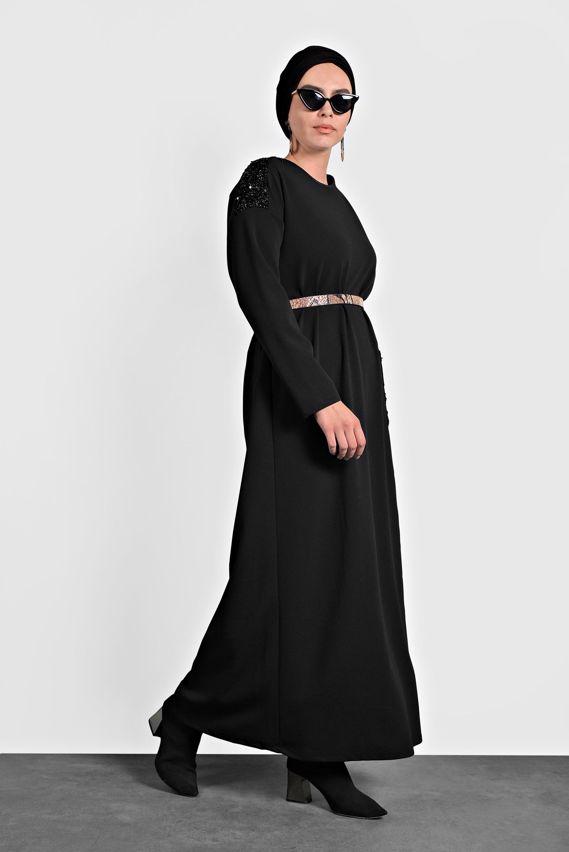 Tesettür giyim SİYAH PULLU GENİŞ KESİM ELBİSE 20018 