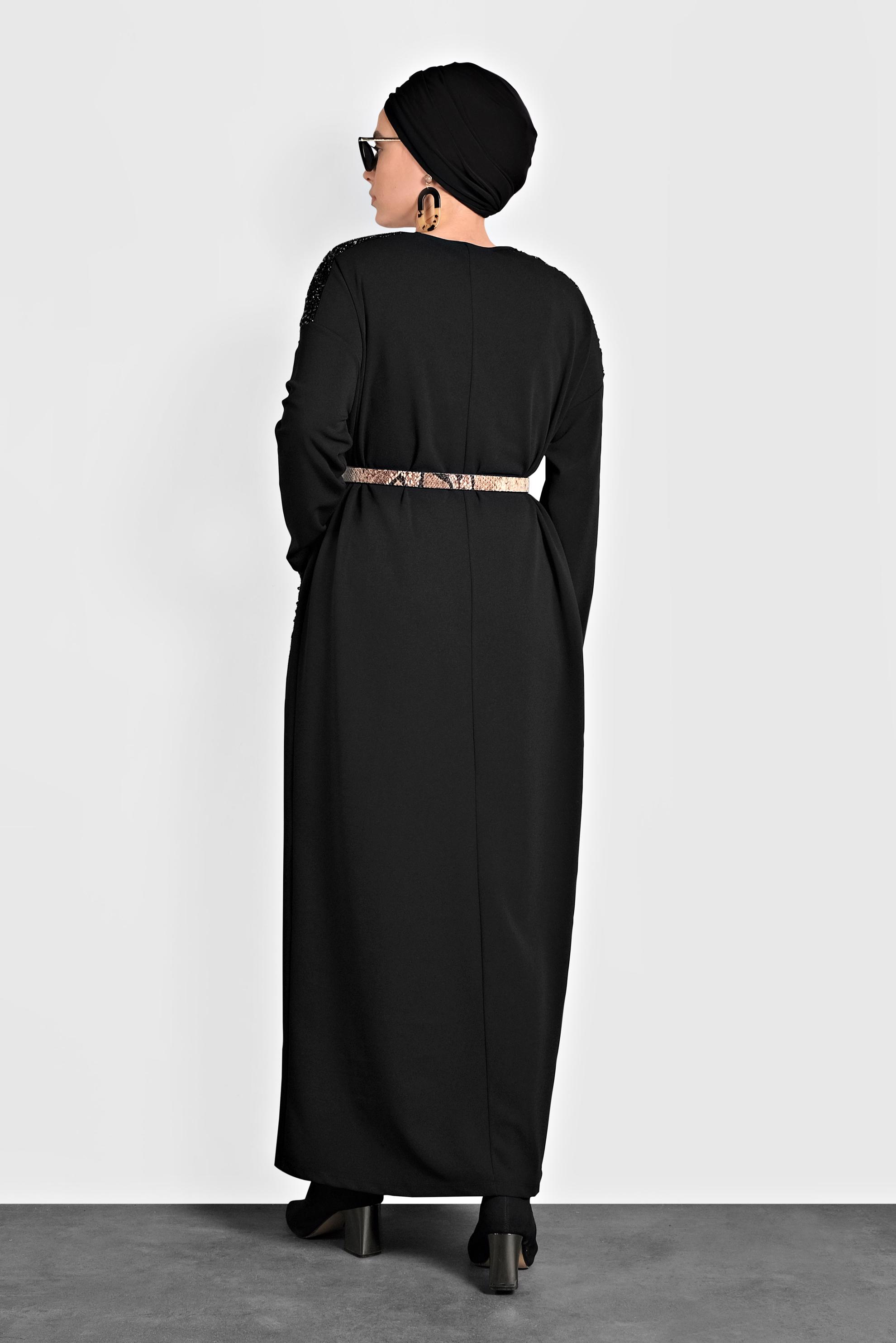 Tesettür giyim SİYAH PULLU GENİŞ KESİM ELBİSE 20018 