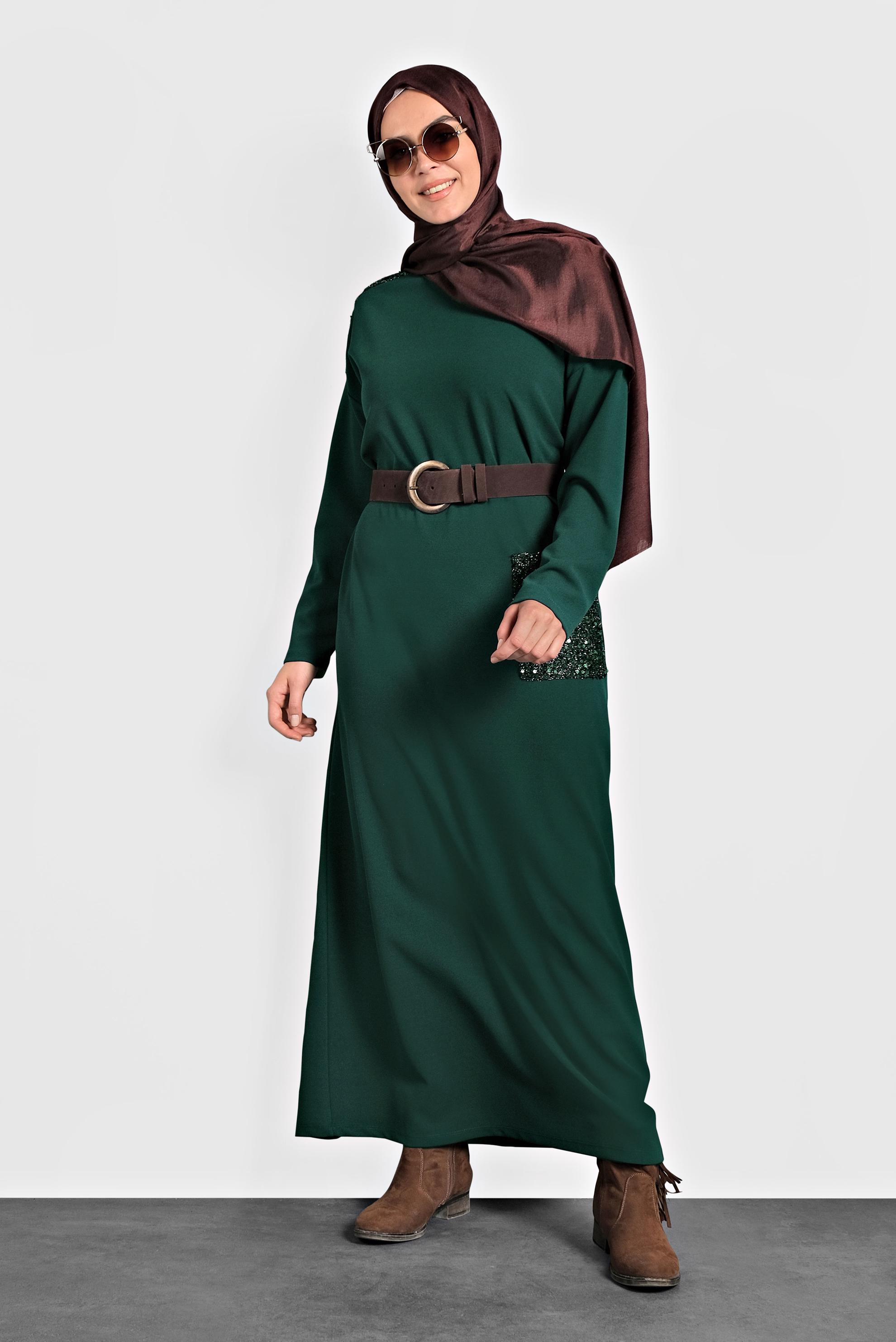 Hijab clothing GREEN SEQUINNED VOLUMINOUS CUT DRESS 20018 