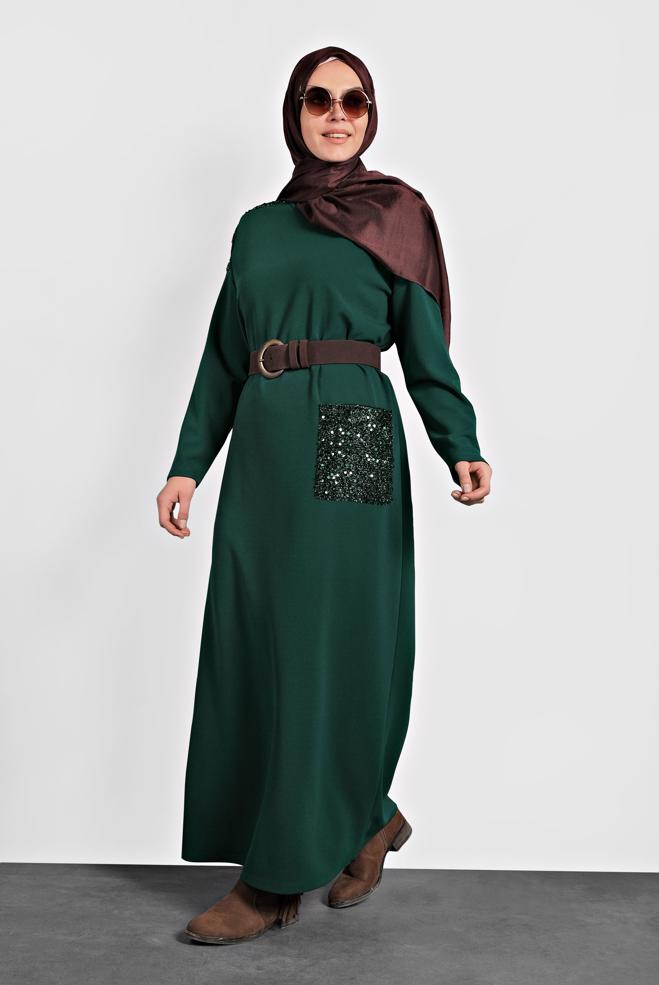 Hijab clothing GREEN SEQUINNED VOLUMINOUS CUT DRESS 20018  - ALVİNA