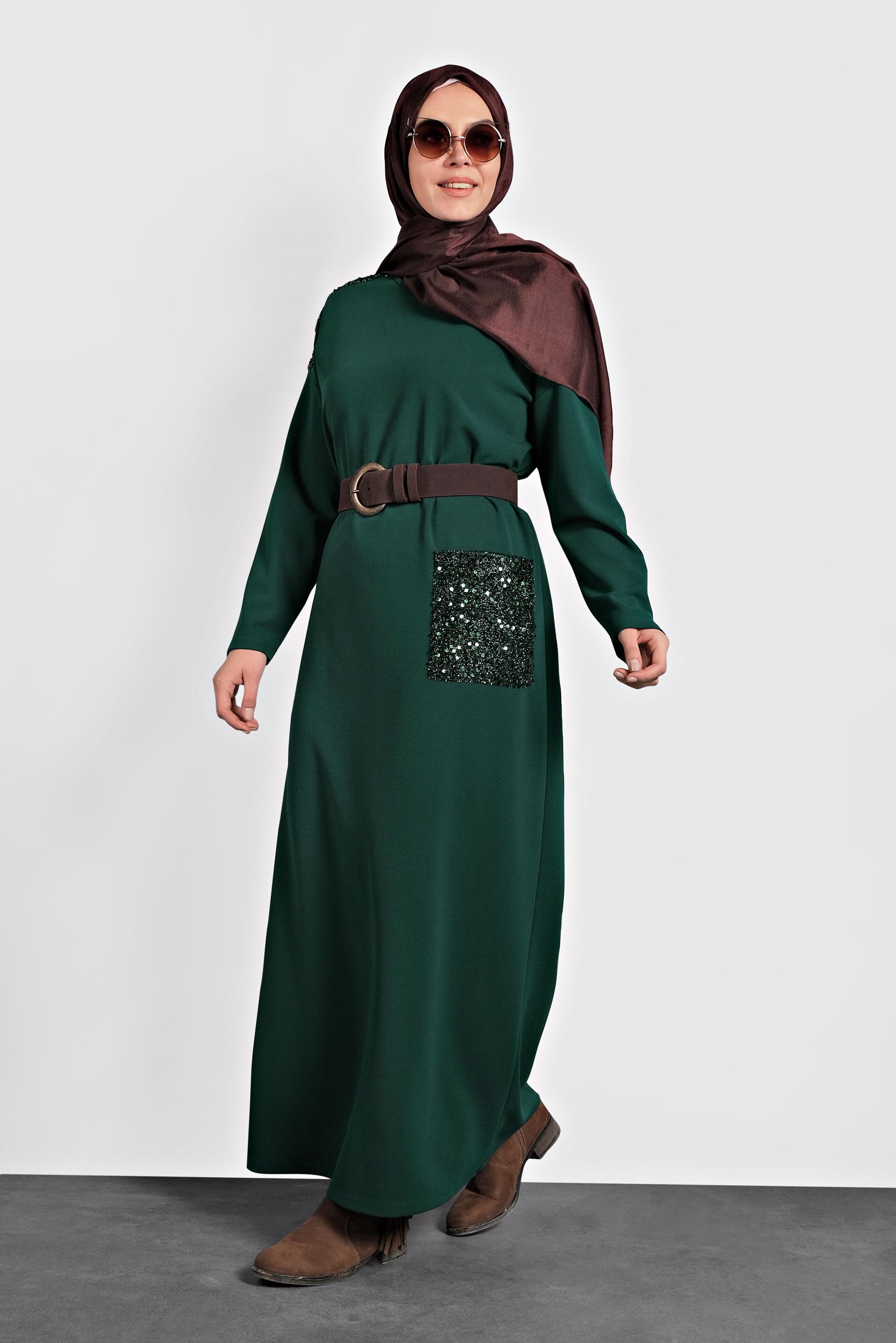 Hijab clothing GREEN SEQUINNED VOLUMINOUS CUT DRESS 20018 