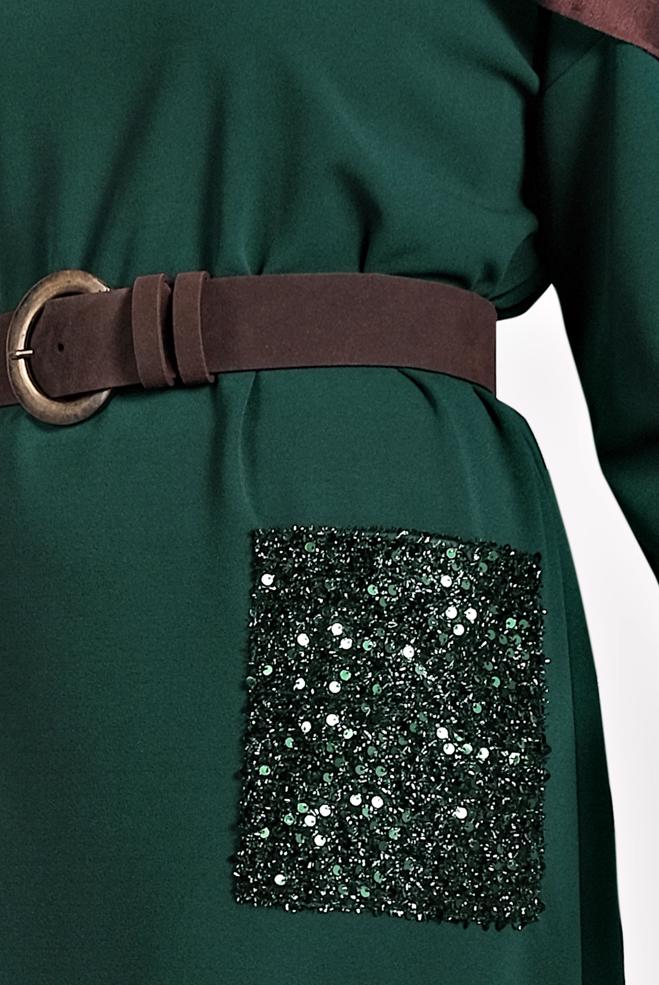Hijab clothing GREEN SEQUINNED VOLUMINOUS CUT DRESS 20018  - ALVİNA