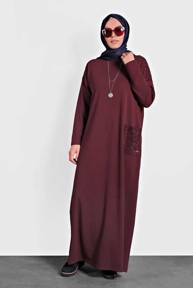 Hijab clothing CLARET RED SEQUINNED VOLUMINOUS CUT DRESS 20018  - ALVİNA