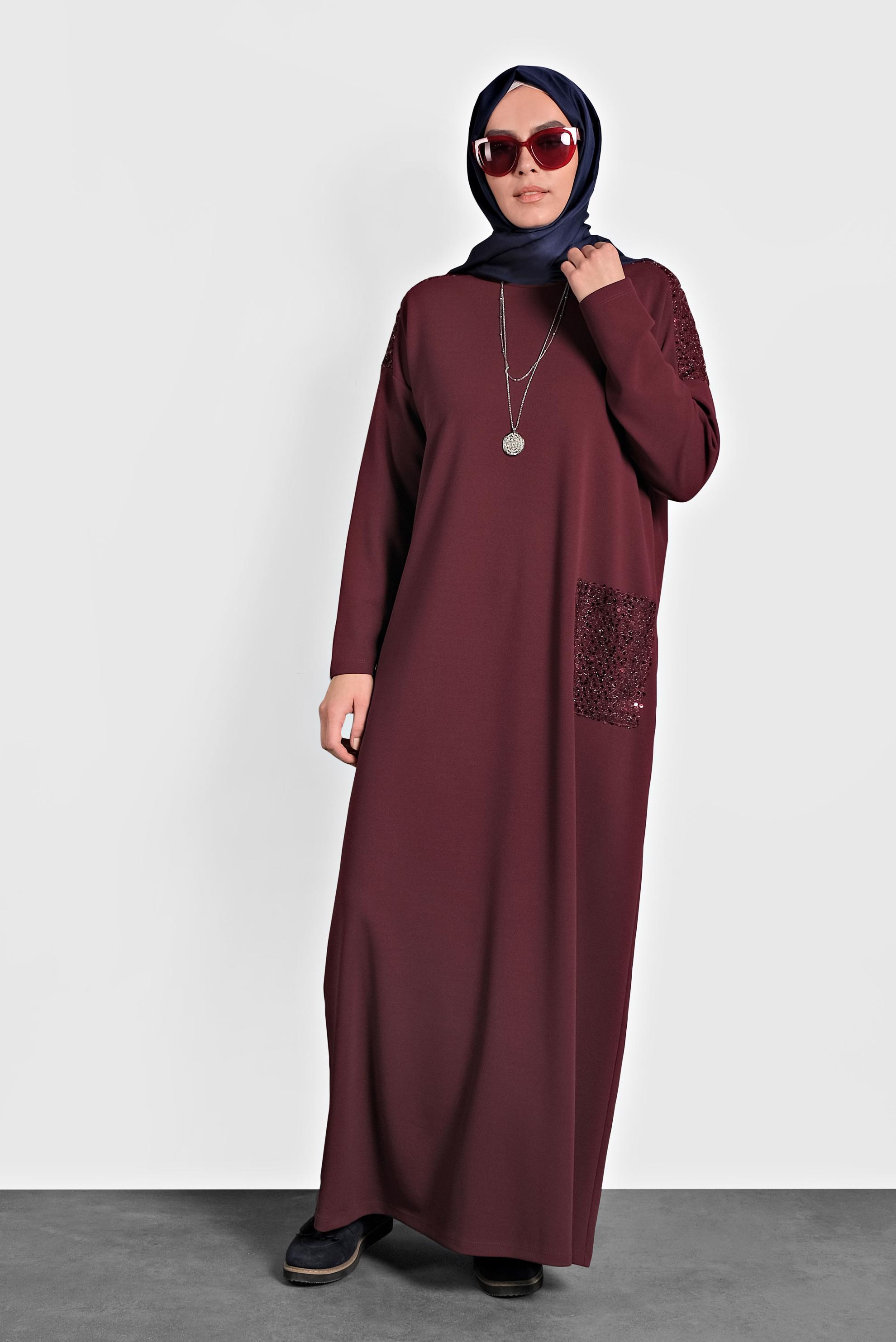 Tesettür giyim BORDO PULLU GENİŞ KESİM ELBİSE 20018 