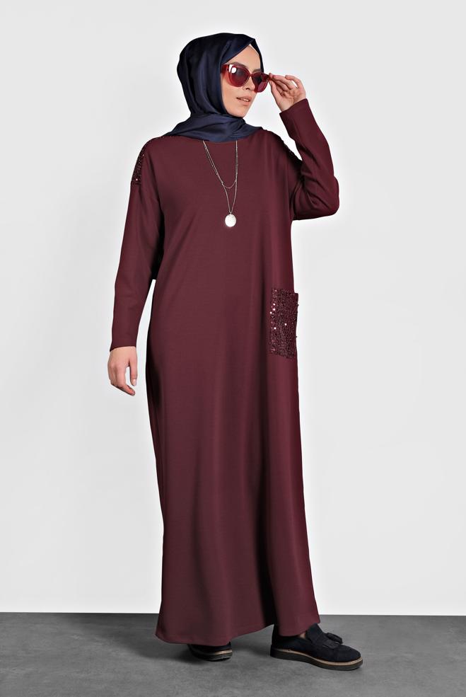 Hijab clothing CLARET RED SEQUINNED VOLUMINOUS CUT DRESS 20018  - ALVİNA