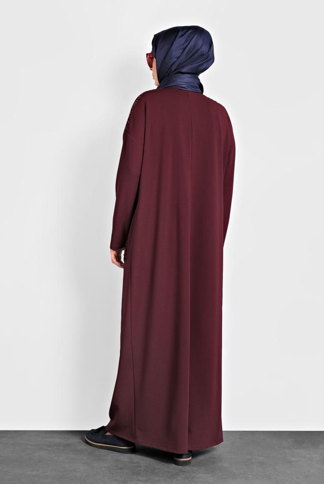 Hijab clothing CLARET RED SEQUINNED VOLUMINOUS CUT DRESS 20018  - ALVİNA