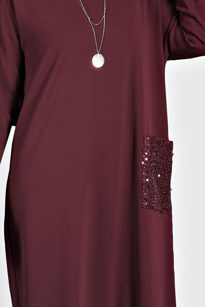 Hijab clothing CLARET RED SEQUINNED VOLUMINOUS CUT DRESS 20018  - ALVİNA