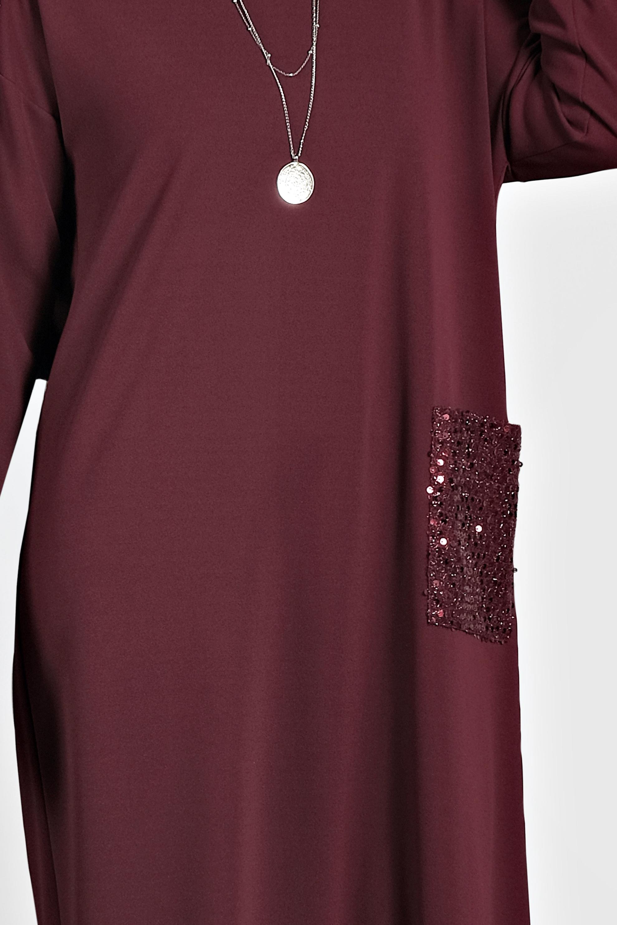 Tesettür giyim BORDO PULLU GENİŞ KESİM ELBİSE 20018 