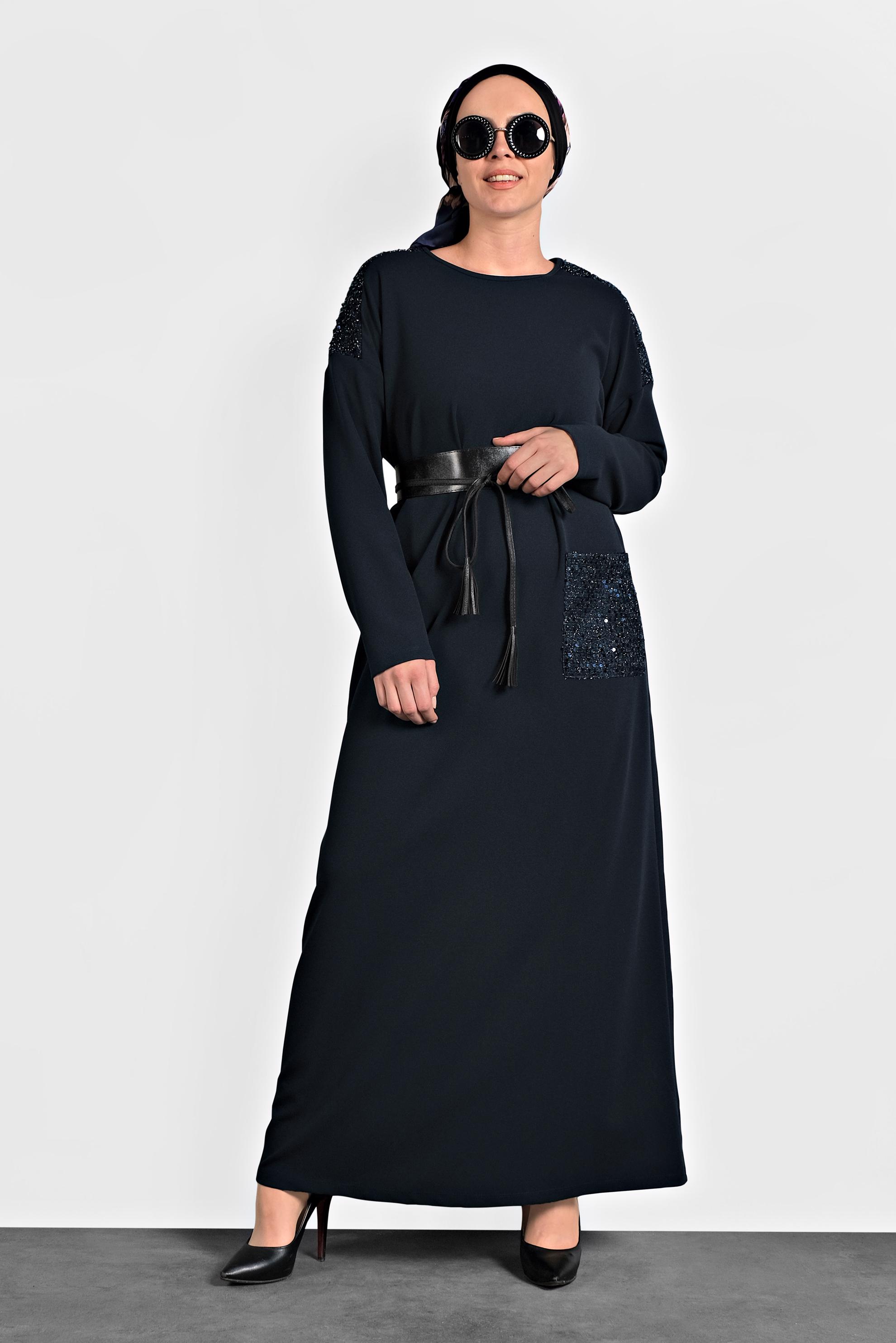 Tesettür giyim LACİVERT PULLU GENİŞ KESİM ELBİSE 20018 