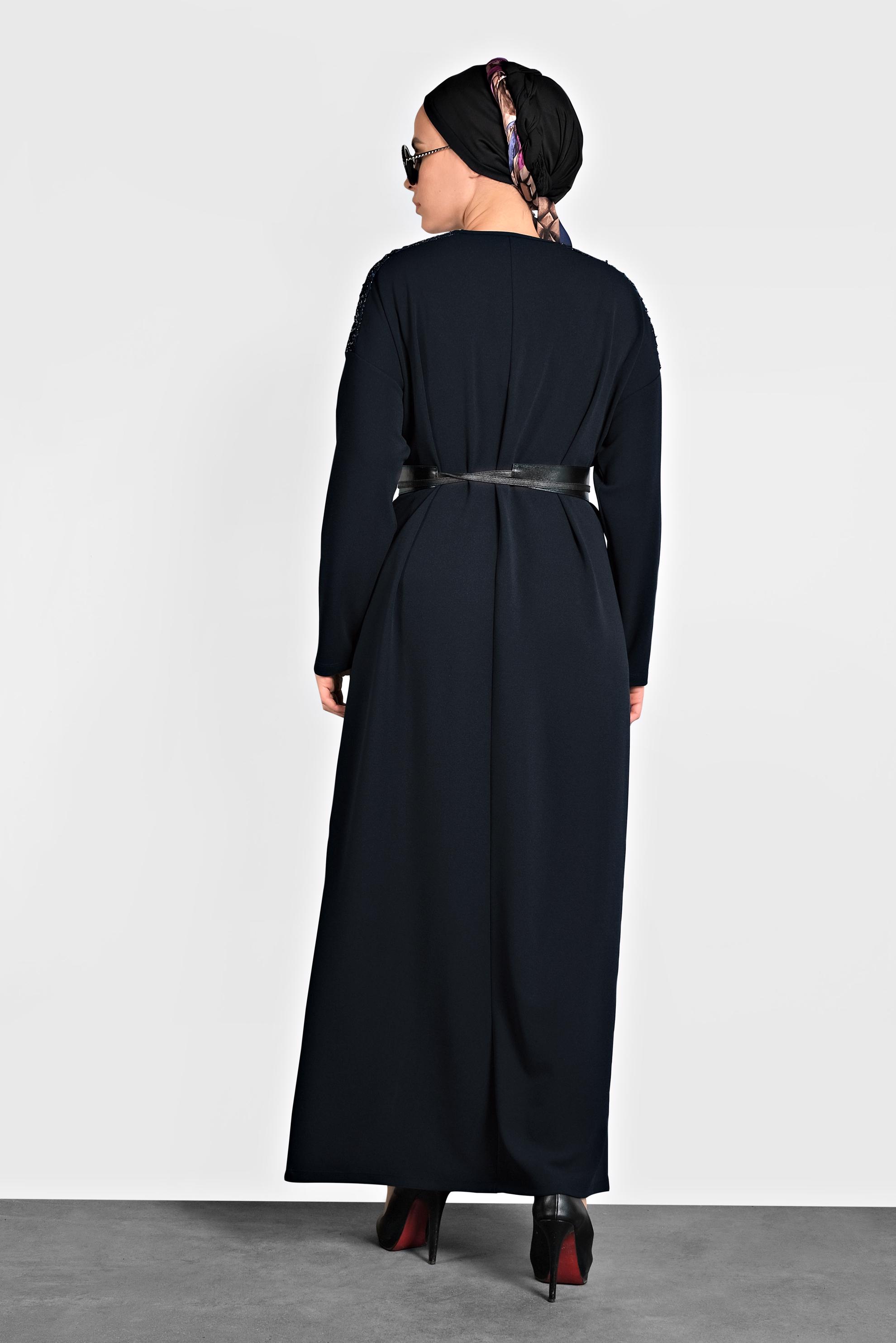 Tesettür giyim LACİVERT PULLU GENİŞ KESİM ELBİSE 20018 