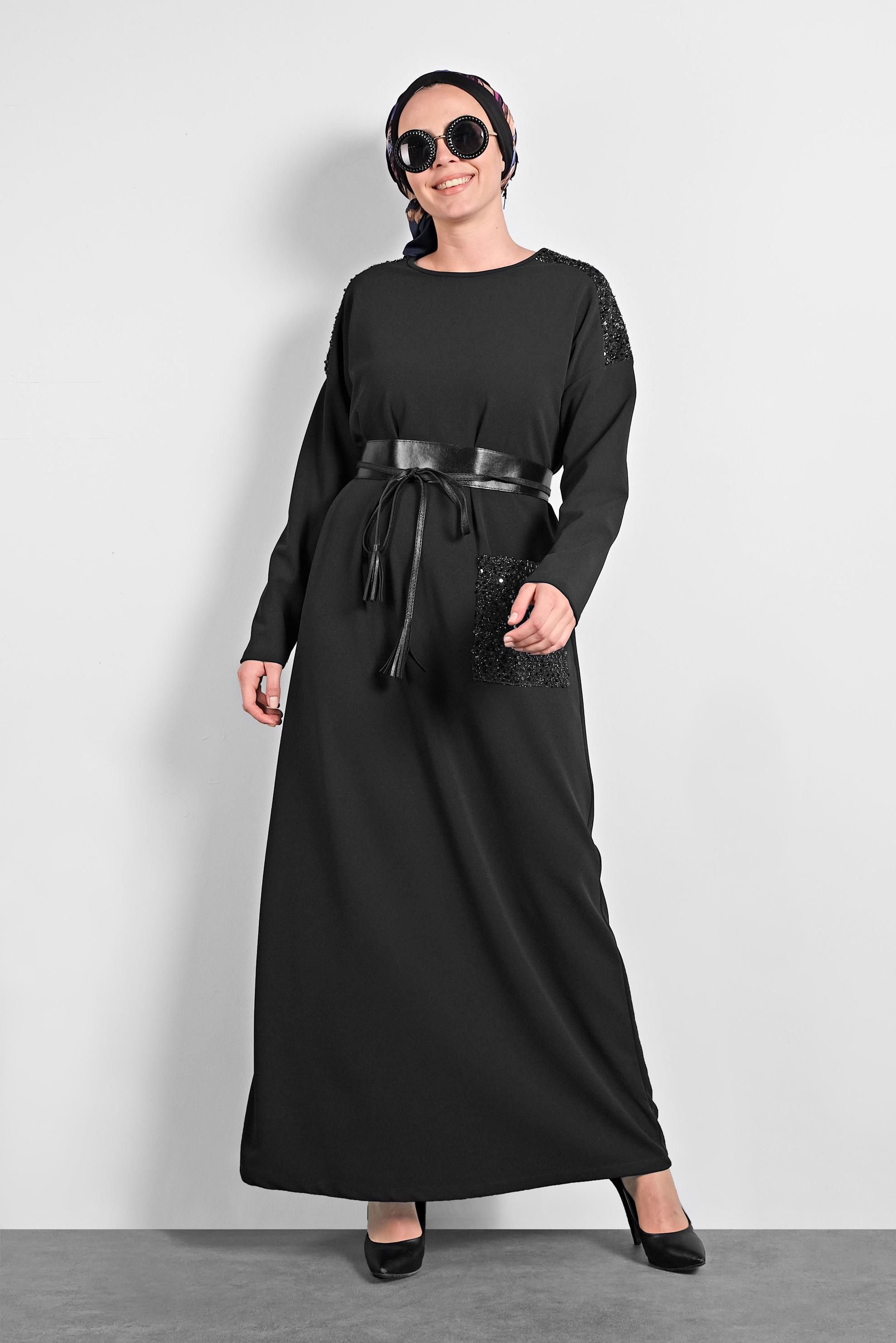 Tesettür giyim SİYAH PULLU GENİŞ KESİM ELBİSE 20018 