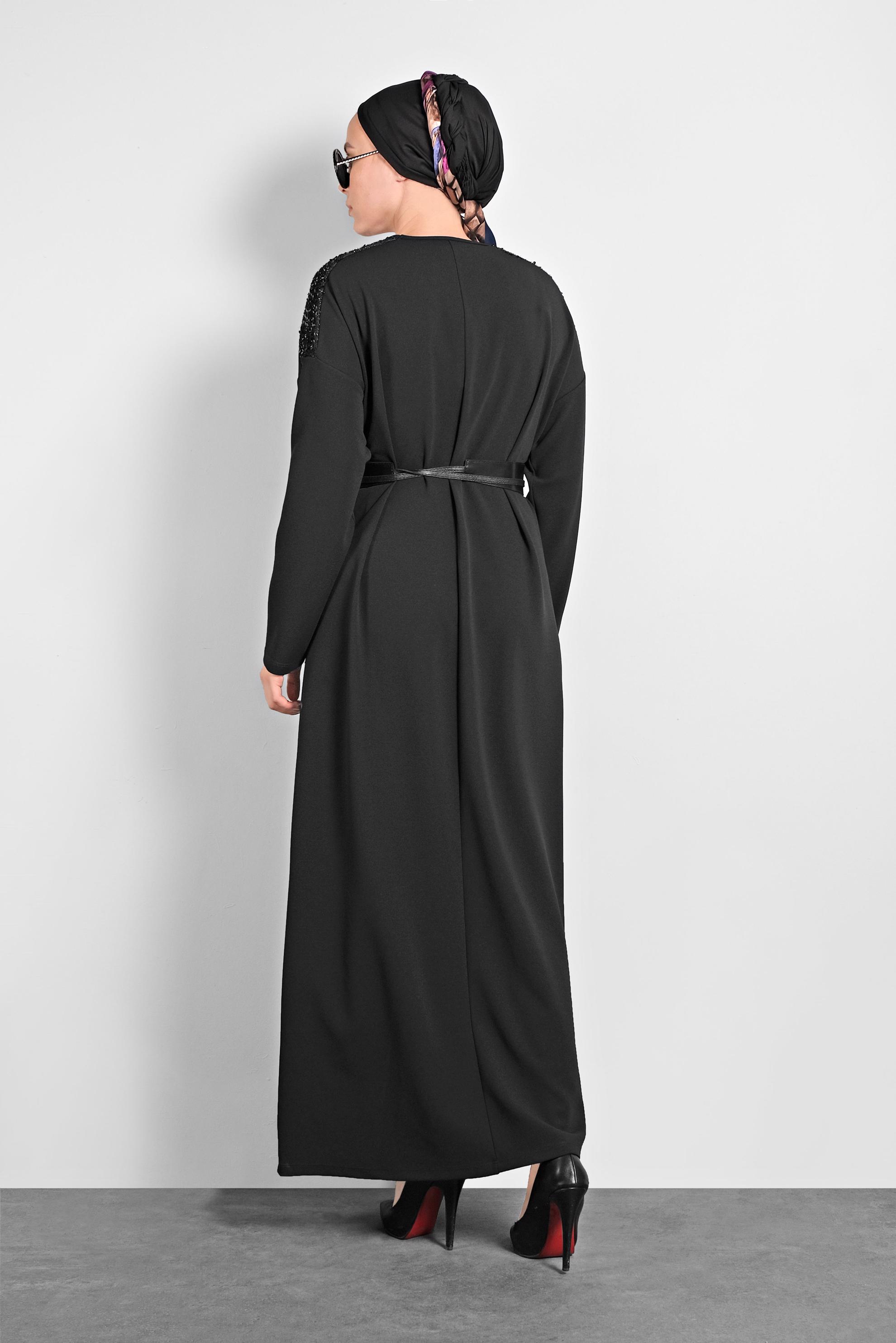 Tesettür giyim SİYAH PULLU GENİŞ KESİM ELBİSE 20018 