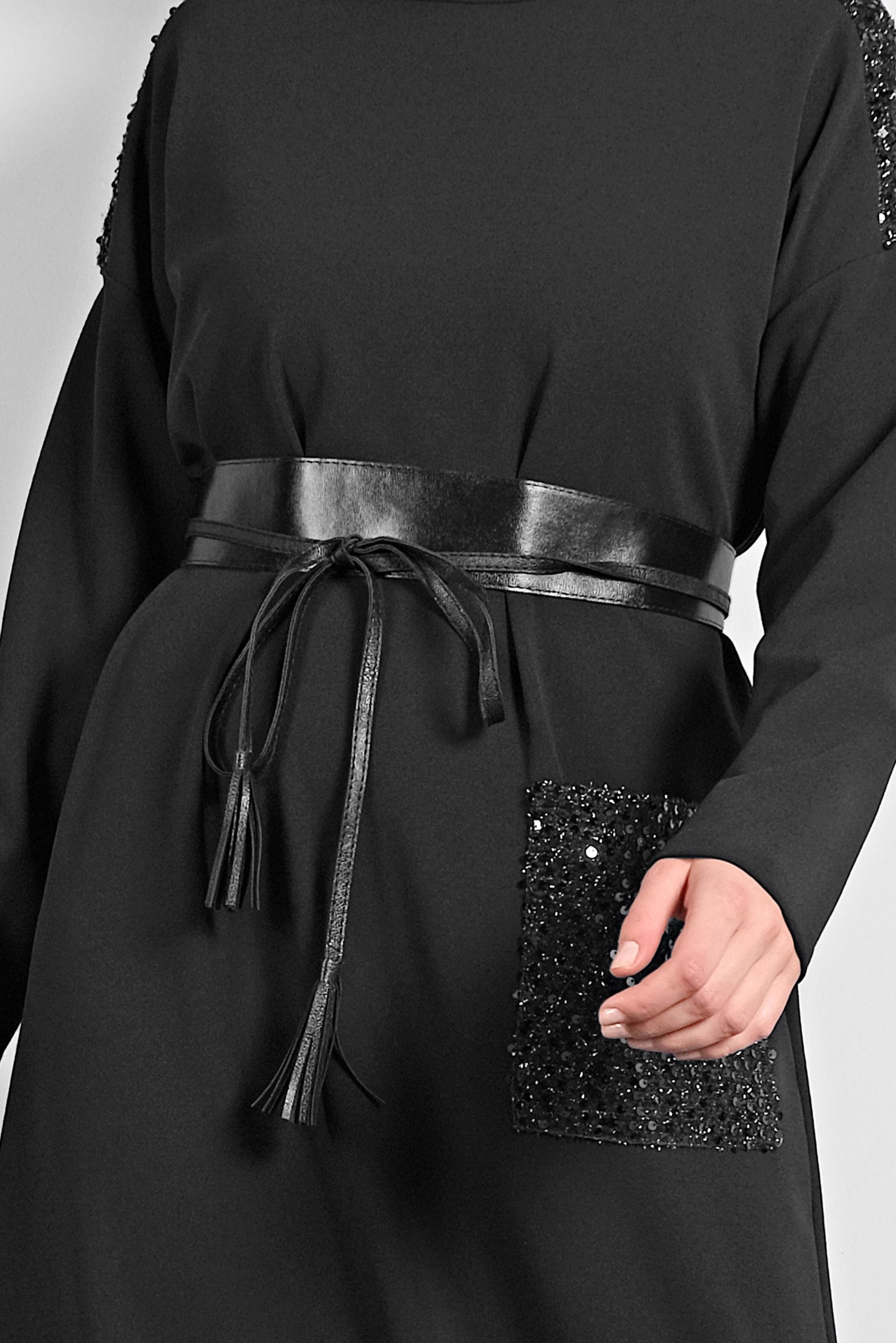 Tesettür giyim SİYAH PULLU GENİŞ KESİM ELBİSE 20018 