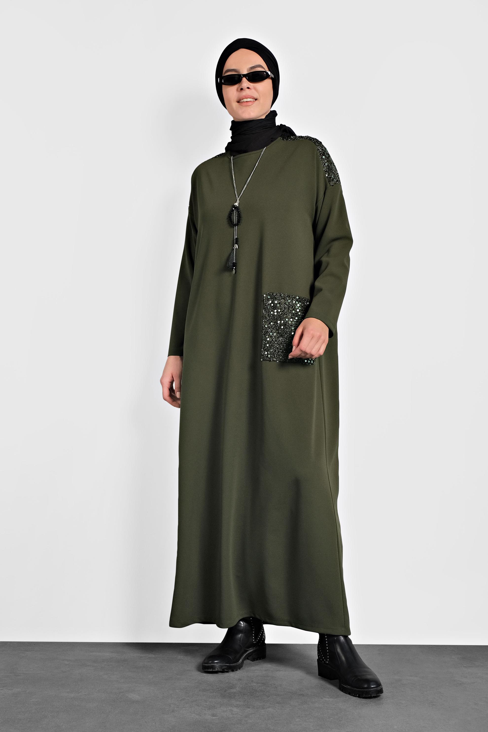 Hijab clothing GREEN SEQUINNED VOLUMINOUS CUT DRESS 20018 