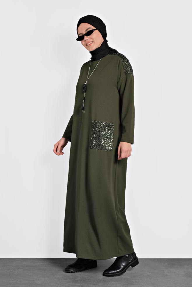 Hijab clothing GREEN SEQUINNED VOLUMINOUS CUT DRESS 20018  - ALVİNA