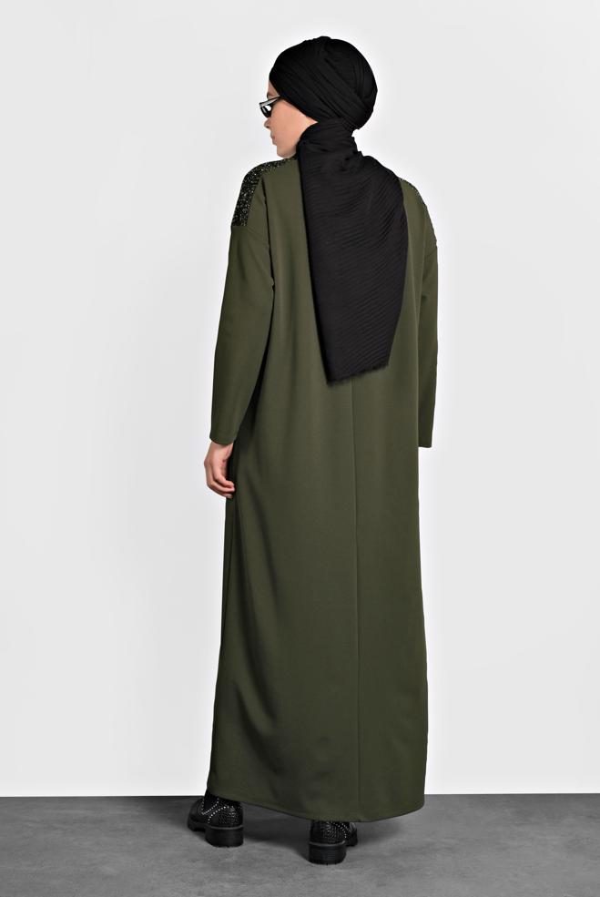 Hijab clothing GREEN SEQUINNED VOLUMINOUS CUT DRESS 20018  - ALVİNA