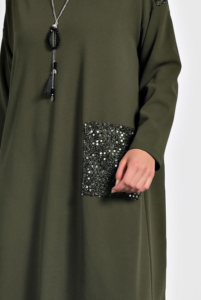 Hijab clothing GREEN SEQUINNED VOLUMINOUS CUT DRESS 20018  - ALVİNA