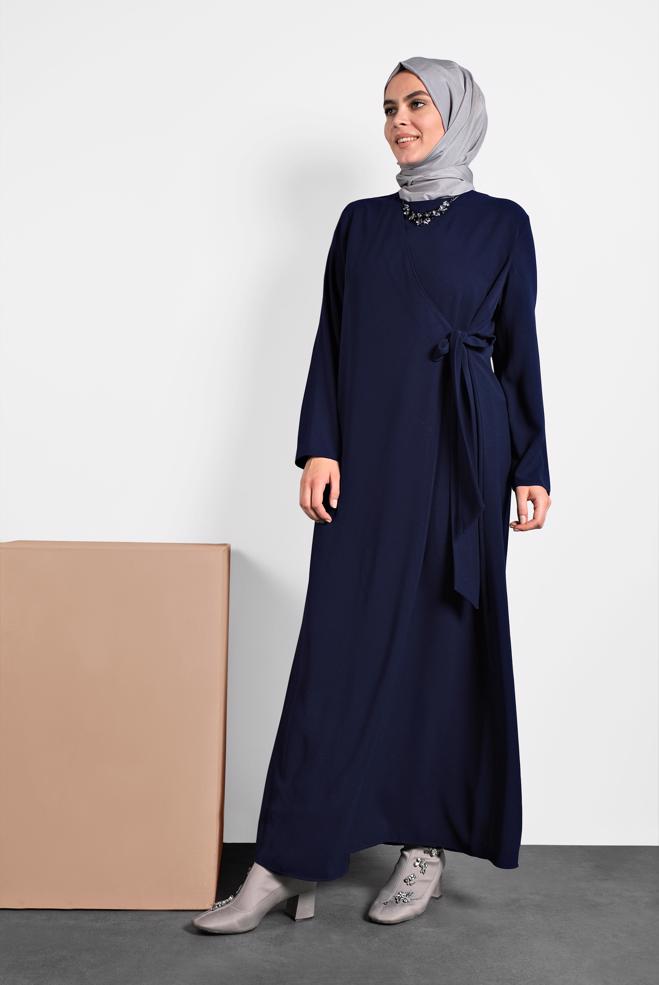 Hijab clothing NAVY BLUE TIE DETAIL CREPE DRESS 20020  - ALVİNA