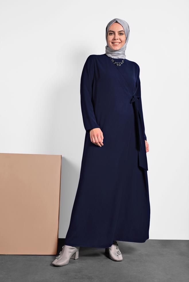 Hijab clothing NAVY BLUE TIE DETAIL CREPE DRESS 20020  - ALVİNA